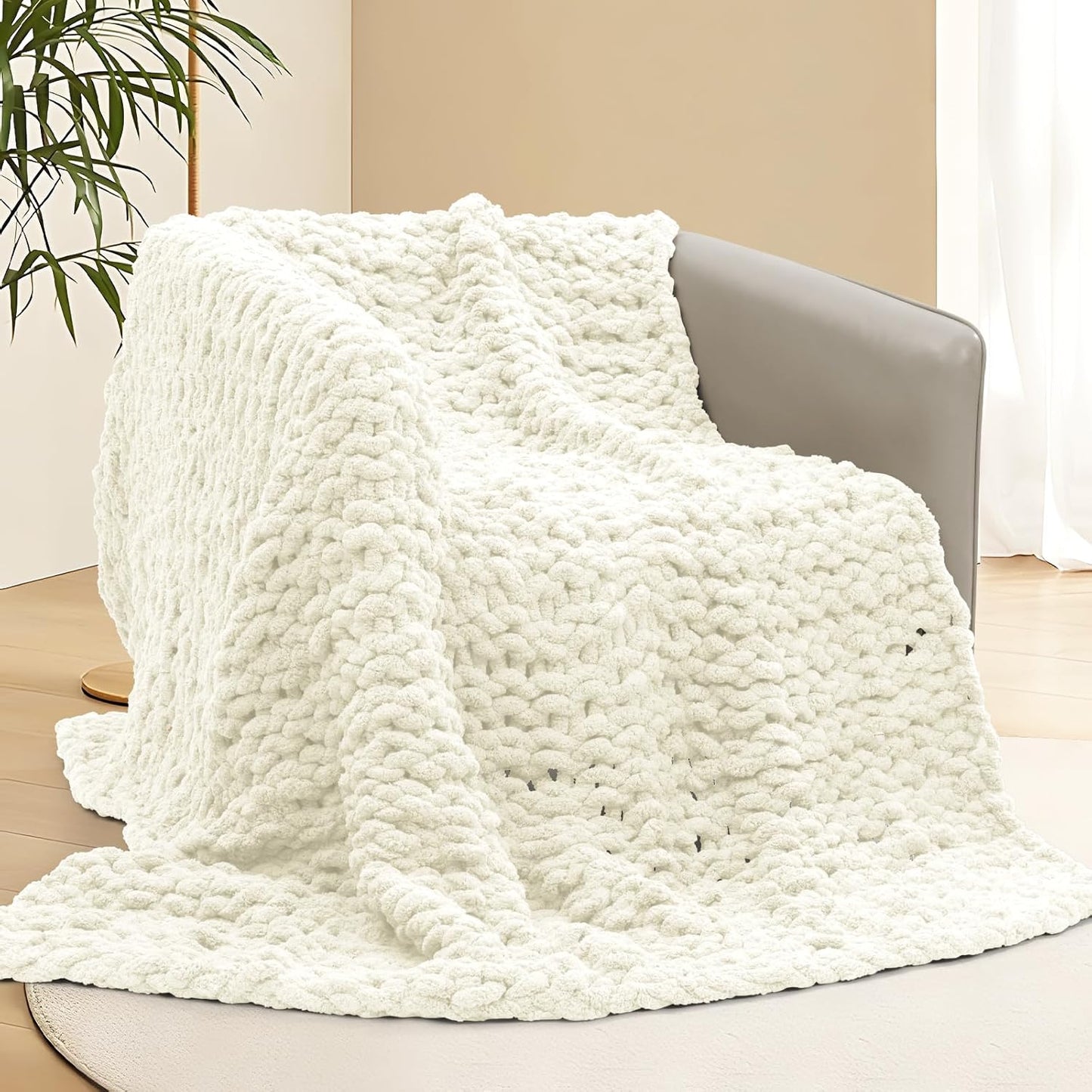 Chunky Knit Blanket Throw, 60x80inch Soft Chenille Yarn Throw, Handmade Warm Thick Cable Knit Crochet Blanket, Large Rope Knot Throw Blanket for Couch Bed Sofa,White