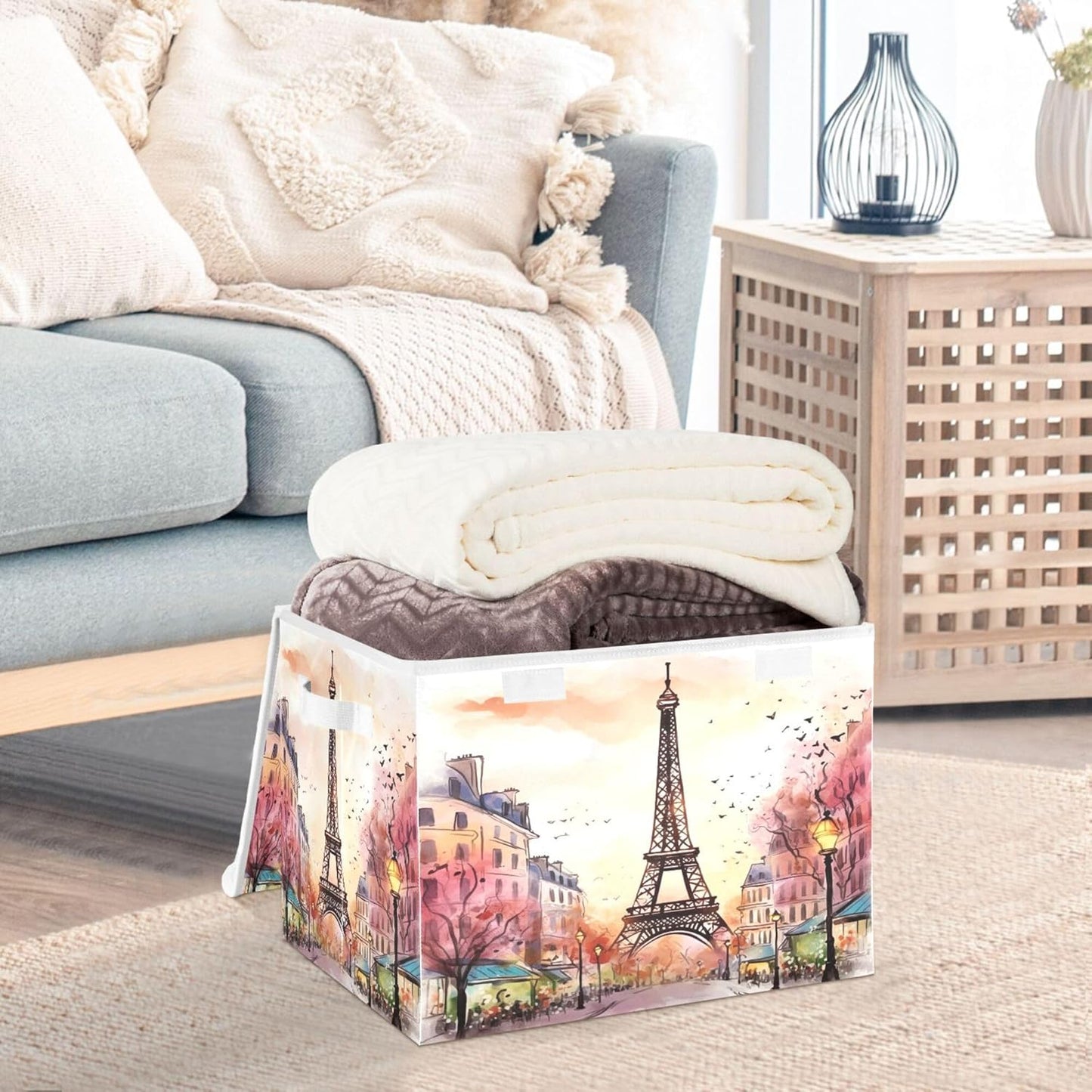 xigua Watercolor Paris Storage Bins with Lids and Carrying Handle,Foldable Storage Boxes Organizer Containers Baskets Cube with Cover for Home Bedroom Closet Office