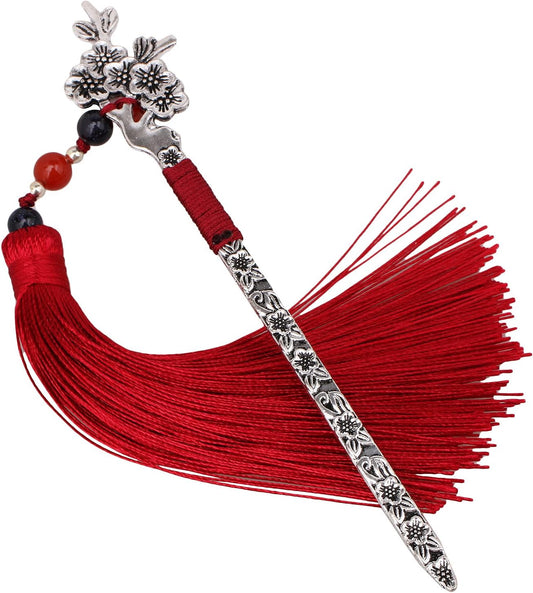 Chinese Metal Bookmarks with Tassel, Vintage Bookmark Unique Classical Ancient Chinese Hairpin Bookmark with Handmade Silky Tassel for Book Lovers Unique Gift