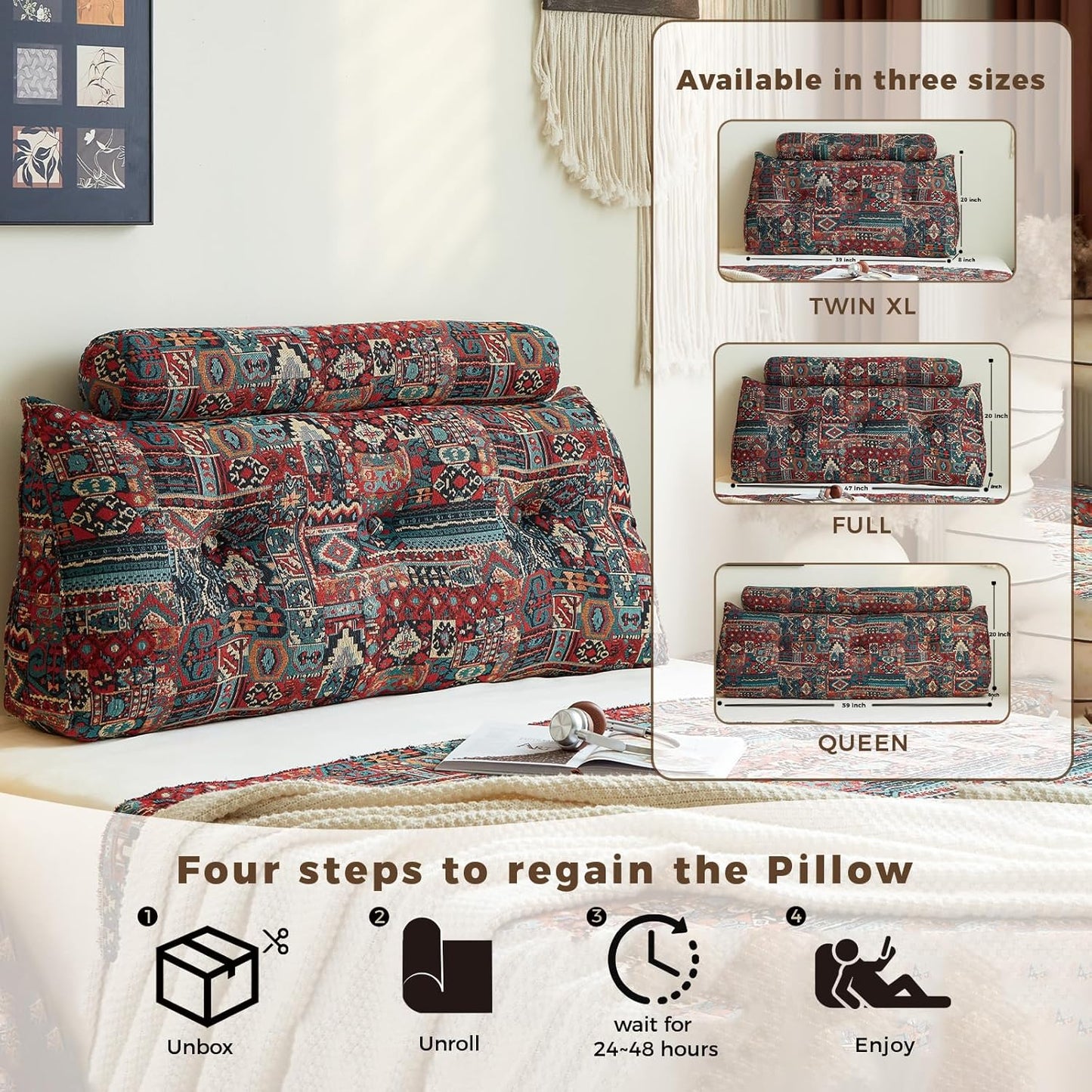 Boho Headboard Pillow for Full, Large Triangular Wedge Pillow for Headboard Gap, Daybed for Sitting Up in Bed, Couch or Sofa with Removable Washable Cover and Side Pockets, Sparks Bloom