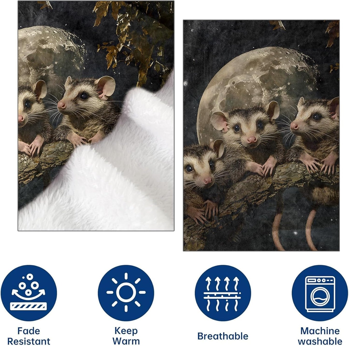 Moonlight Opossum Flannel Throw Blanket 60x80 Inch, Possum on Tree Branch with Full Moon Blankets Soft Cozy Fleece Throws for Animal Lover Bed Sofa Dorm Living Room Home Decor Gifts
