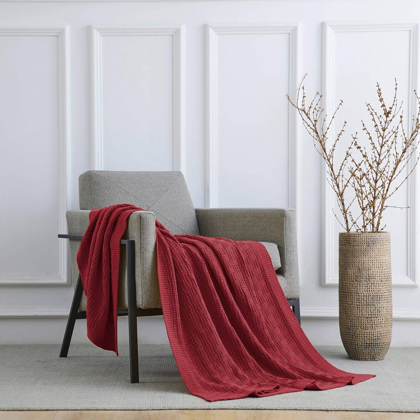 Cotton Red Knit Throw Blanket for Couch Sofa Beach Chair Bed Home Decorative Soft Warm Cozy Cable Lightweight Knitted Blankets, 50 x 60 Inch