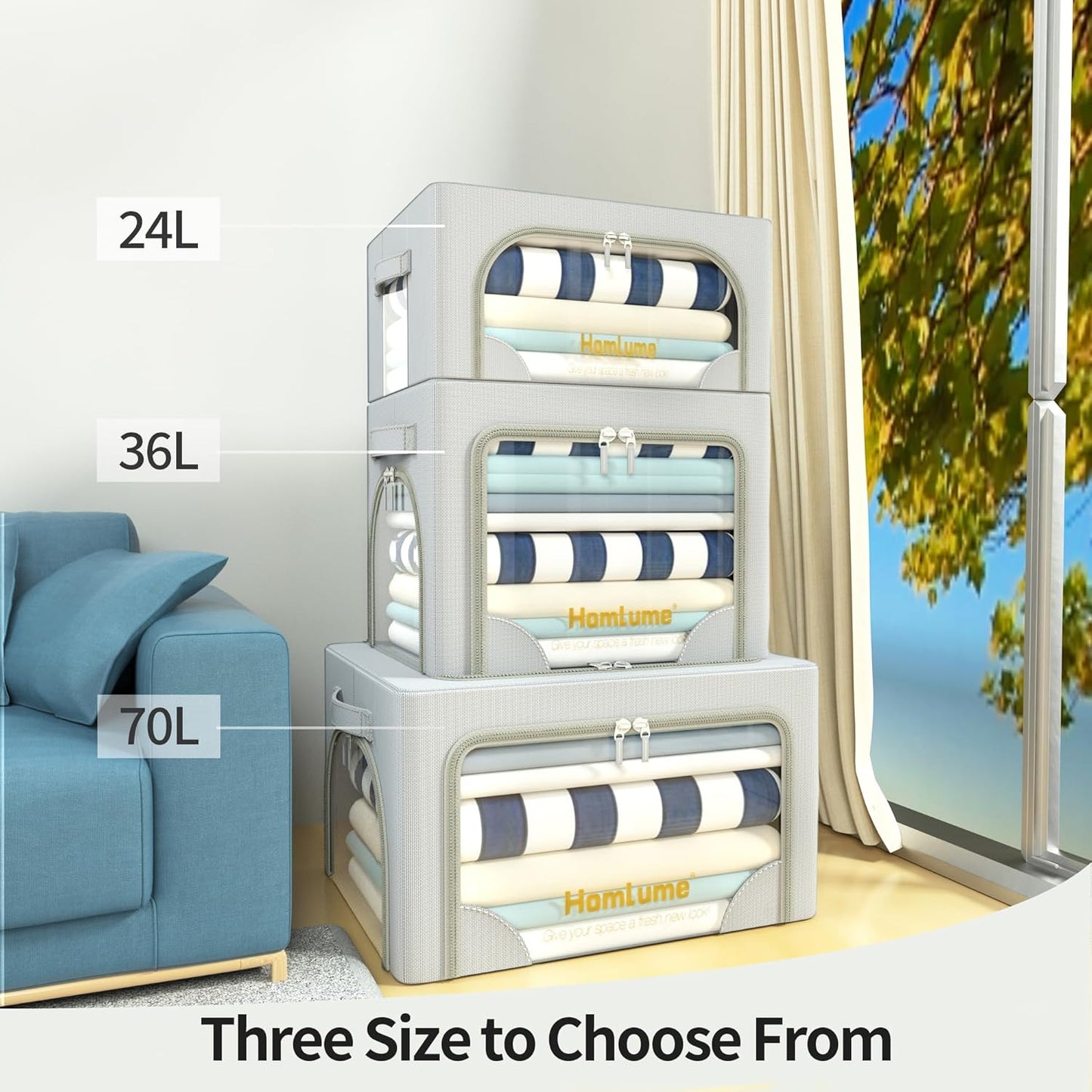 3 Packs Storage Boxes for Clothes Collapsible Storage Bins with Cedar Wood Piece, Linen with Metal Supports and Durable Handles Metal Storage box,Clear Window with Zippers (Light Grey,70L)