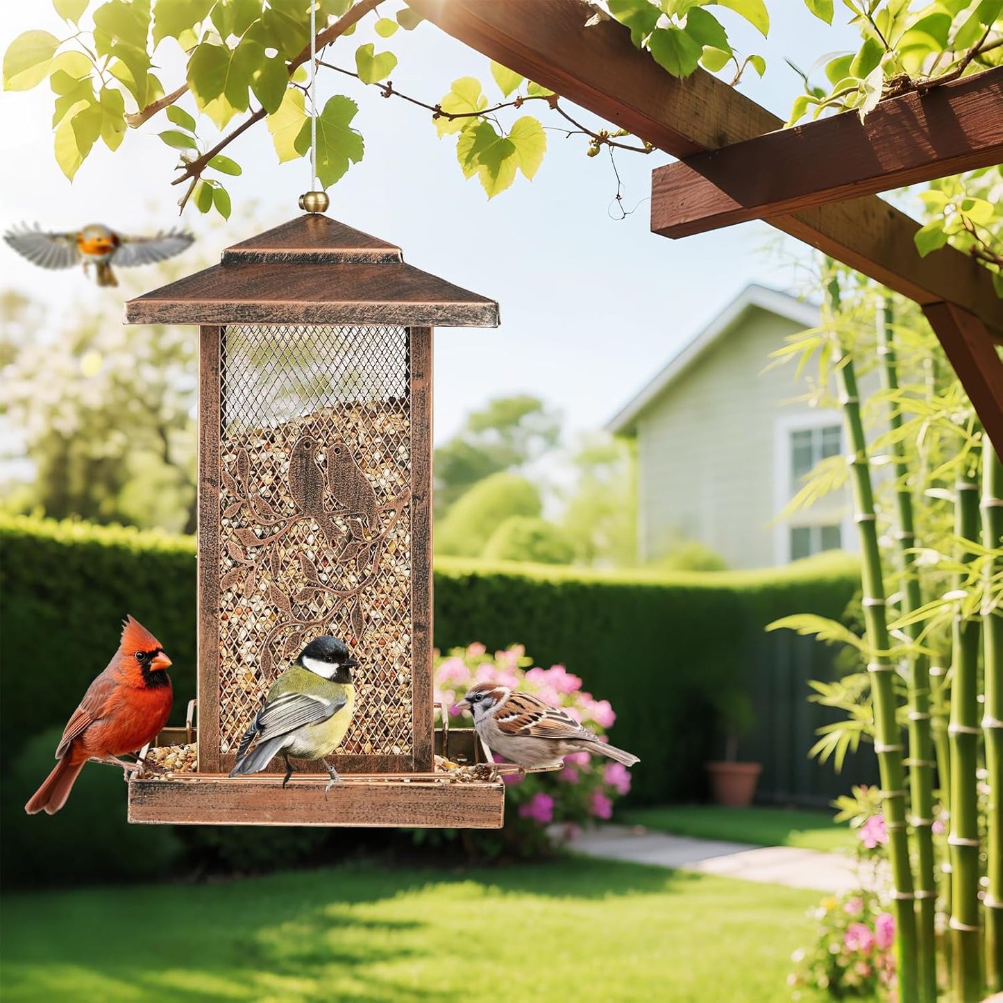 LBTING Bird Feeder for Outside, Metal Lantern-Shaped Bird Feeder, Squirrel Proof Wild Bird Feeders for Hanging Outdoor Garden Yard, Birds Pattern