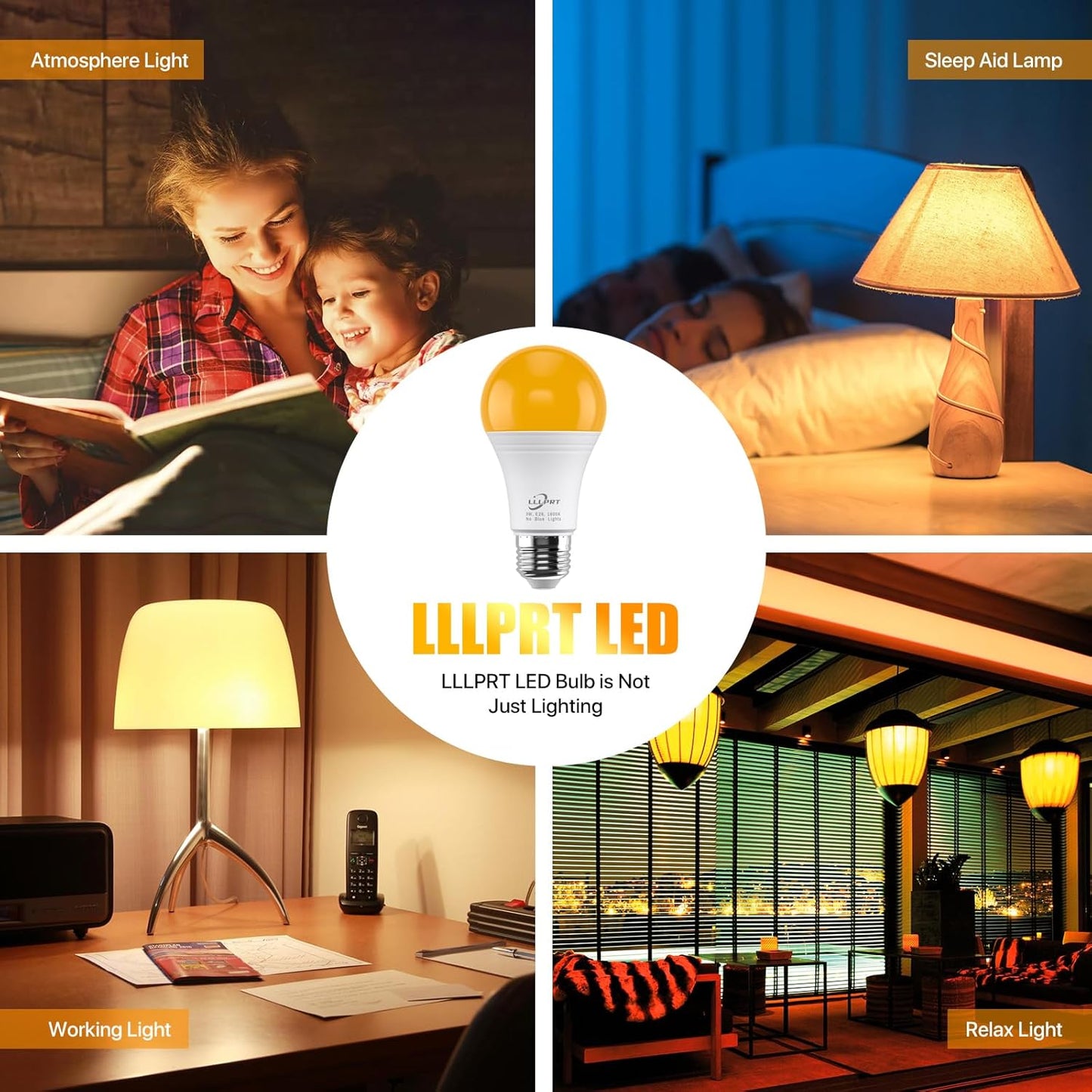 3W Amber Night Light Bulbs, 2 Pack Dimmable LED Warm White 1600K, Sleep Aid, Blue Light Blocking, Energy Saving, E26 Base Soft Light Bulb for Bedroom, Nursery, Mood Light