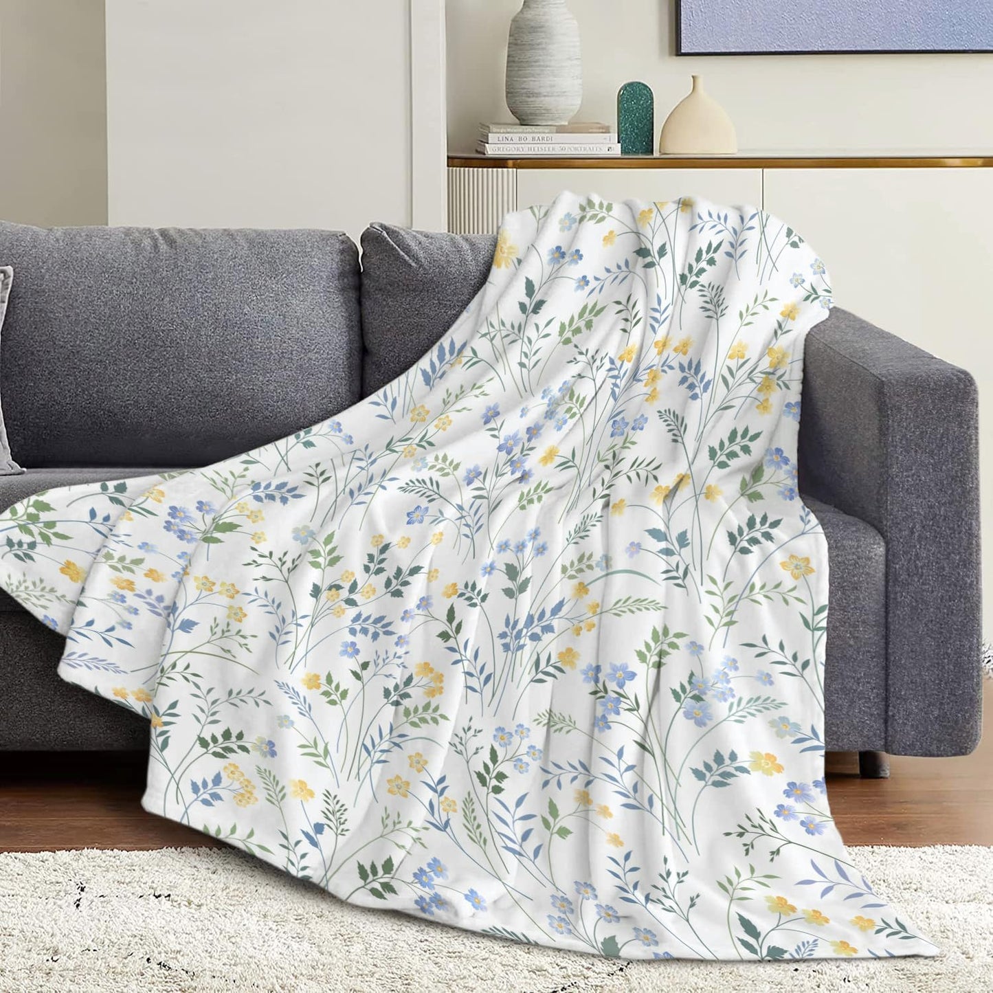 Spring Floral Throw Blanket Country Blue and Yellow Flower with Green Leaf Plant Pattern Soft Cozy Flannel Fleece Blankets for Couch Sofa Bed Chair Ideal Gifts for Women Mom Wife, 50" x 60"
