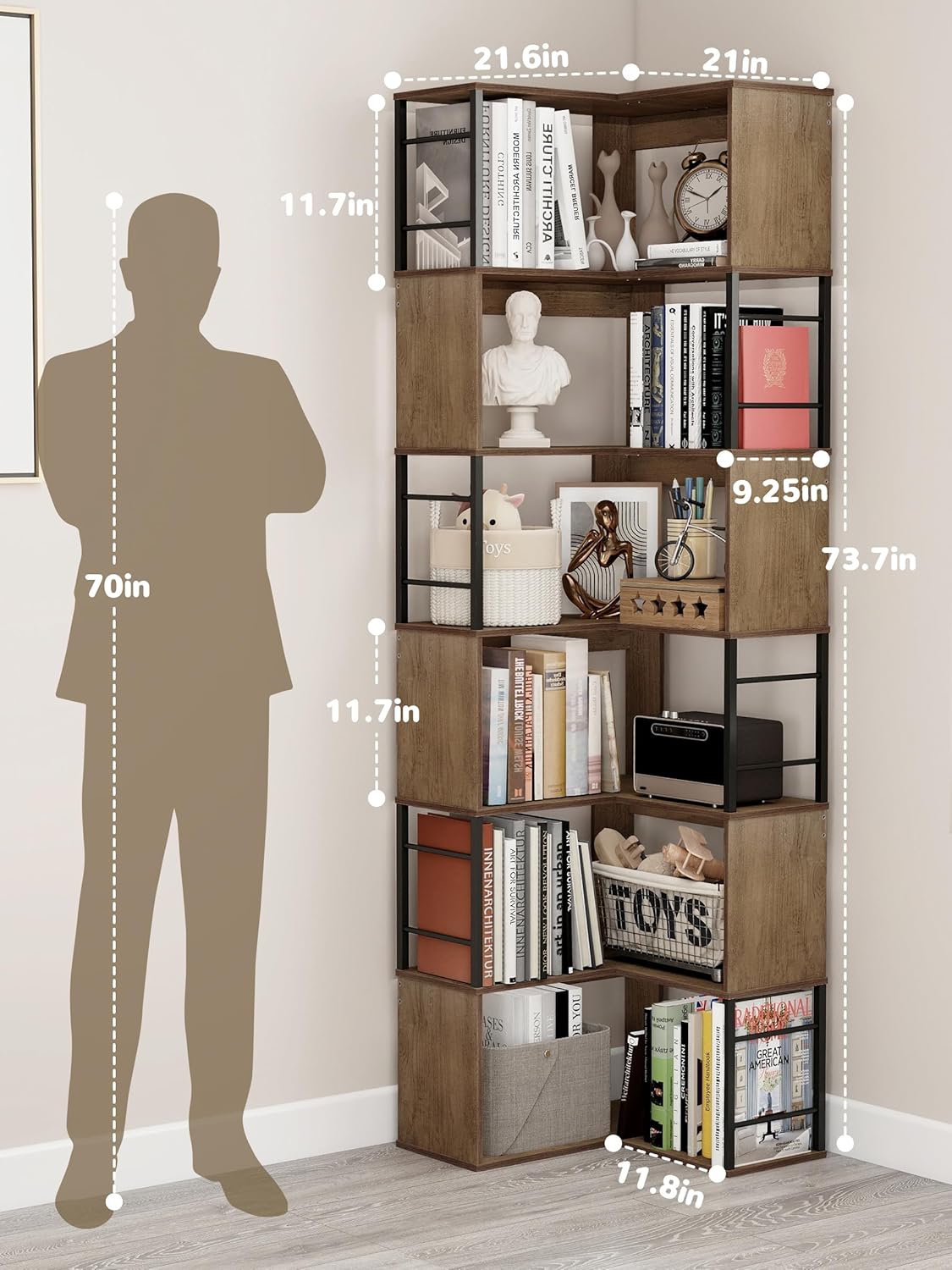 7 Tier L Shaped Corner Bookshelf, 74" Tall Metal Wood Bookcase with Anti-Tipping, Freestanding Display Storage Shelf, 77Lbs Per Shelf for Home Office Living Room Bedroom (Brown)