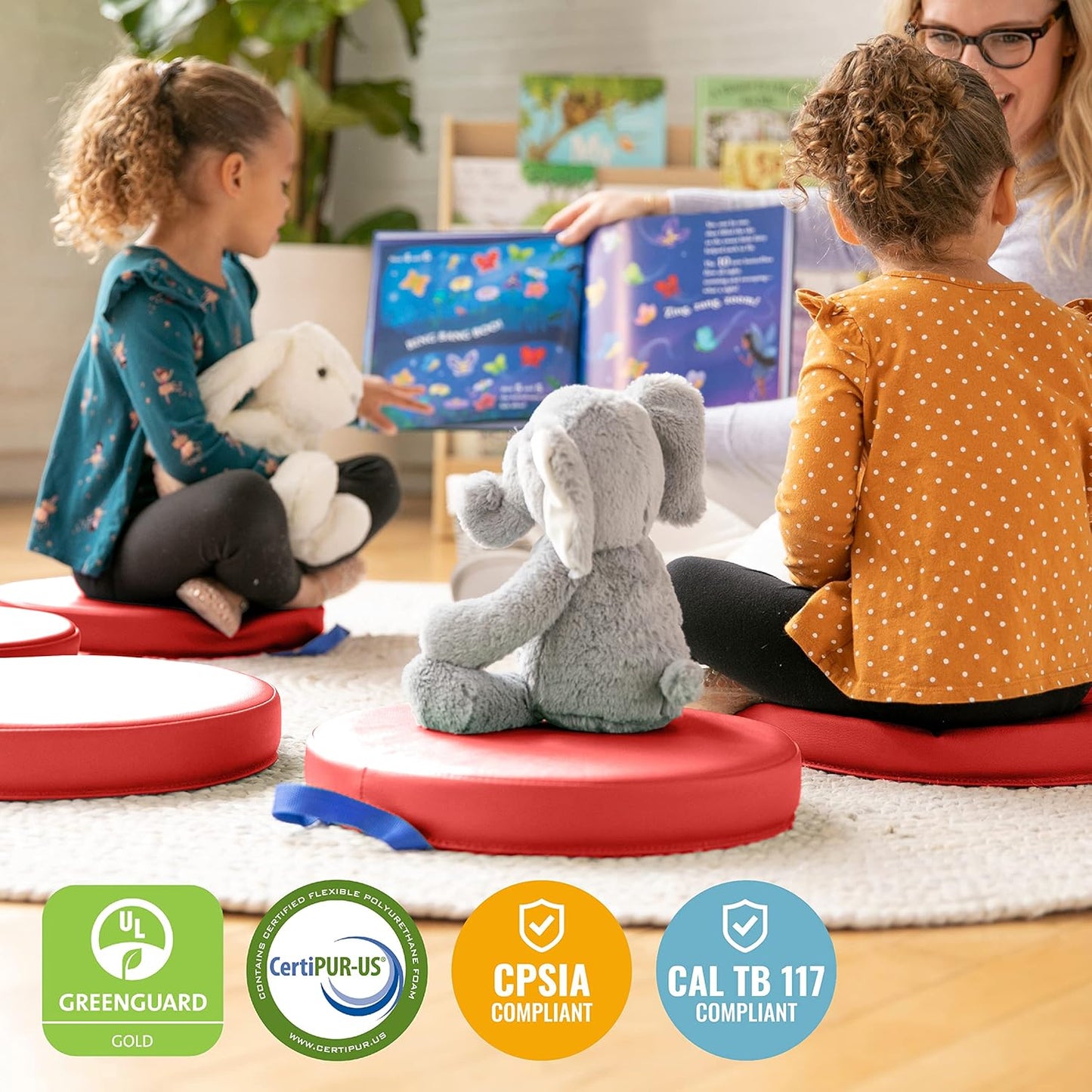 ECR4Kids SoftZone Floor Cushions, Round, Flexible Seating, Red, 6-Piece