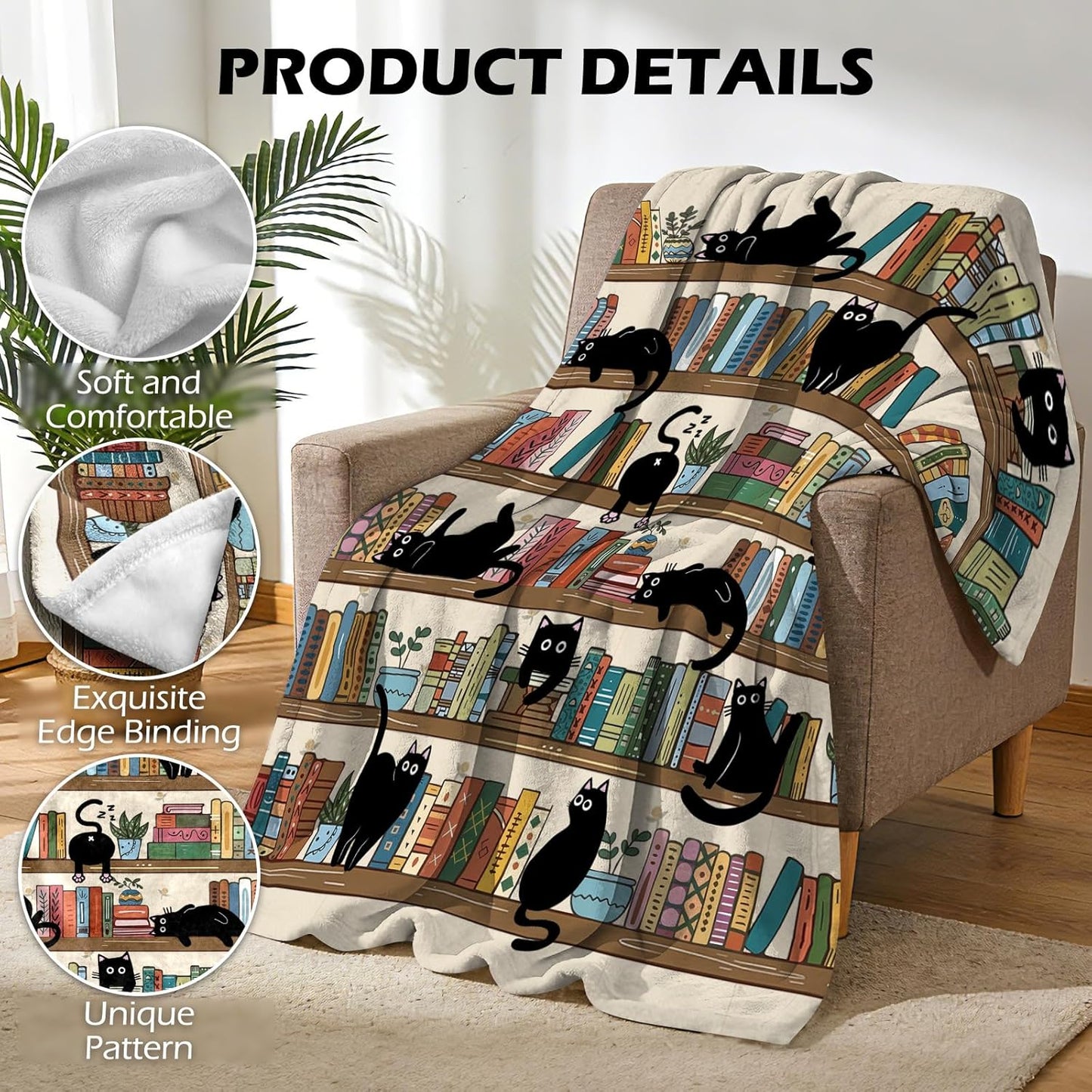 tgruihm Book Lovers Gifts for Readers Blanket, Librarian Gifts Bookshelf Black Cat Stuff Throw Blanket 60"x50", Birthday for Reading Lover Bookish Literary Gifts Blankets Home Decor