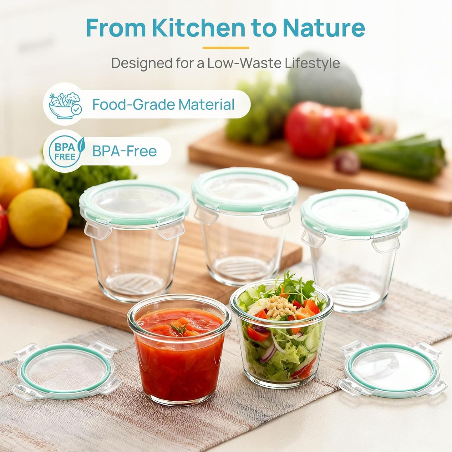 Vtopmart 5Pack 24oz Glass Storage Containers with Lids, Glass Meal Prep Food Container Sets with Snap Airtight Lids for Microwave, Oven, Freezer and Dishwasher, Green, Round