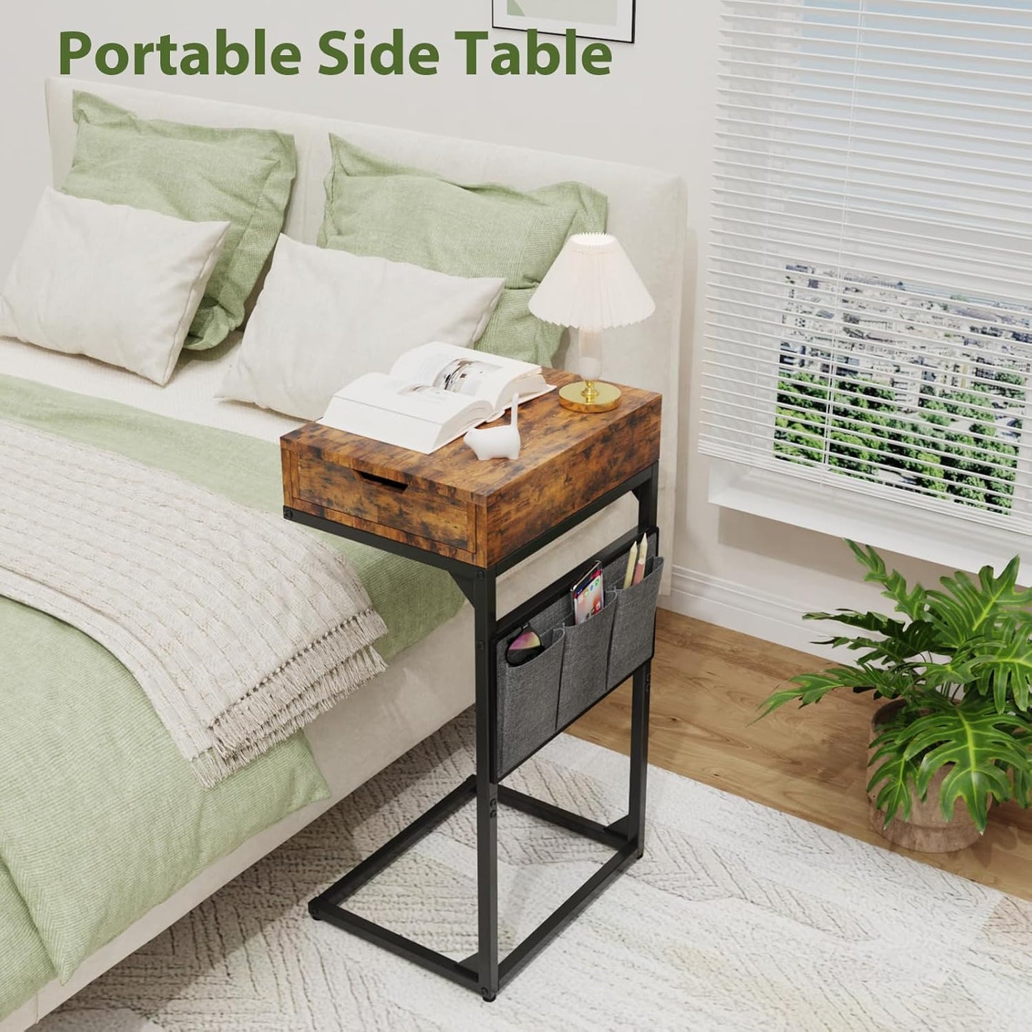 C-Shaped End Table with Drawer, Slide Under Sofa Storage Table with Metal Frame, Modern Design for Living Room, Bedroom, or Small Spaces, Vintage Brown