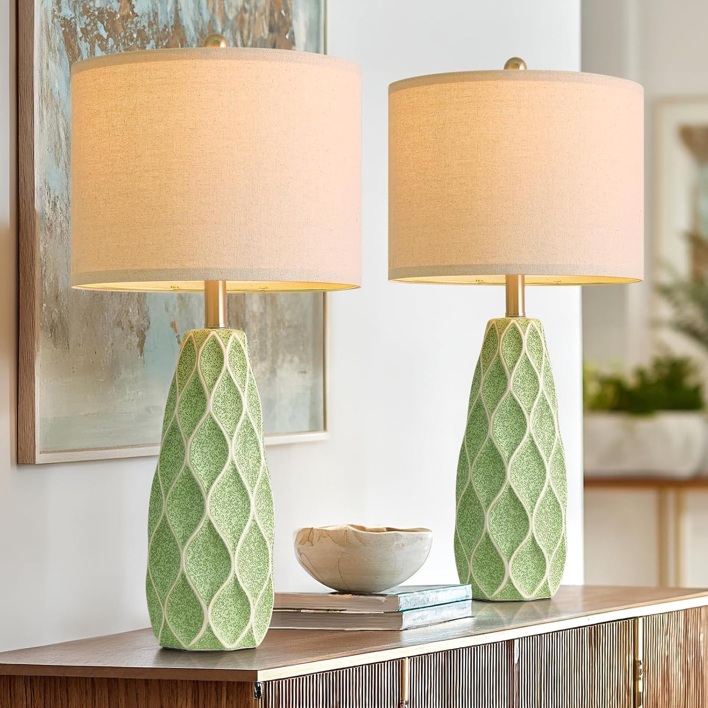 27.5" Ceramic Table Lamps for Living Room Bedroom Lamps Set of 2 Modern Boho Bedside Lamps Night Stands Farmhouse Vintage Large Nightstand Lamp Reading Light Home Office Dorm Desk Deco Gifts, Green