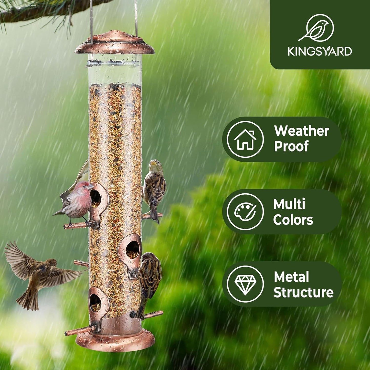 Kingsyard Metal Bird Feeders for Outdoors Hanging, Tube Bird Feeder with 6 Feeding Ports, 15 Inch, Chew-Proof & Weatherproof, Antique Copper