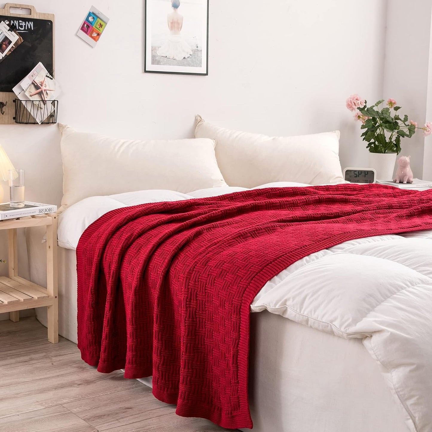 Cotton Red Knit Throw Blanket for Couch Sofa Beach Chair Bed Home Decorative Soft Warm Cozy Cable Lightweight Knitted Blankets, 50 x 60 Inch