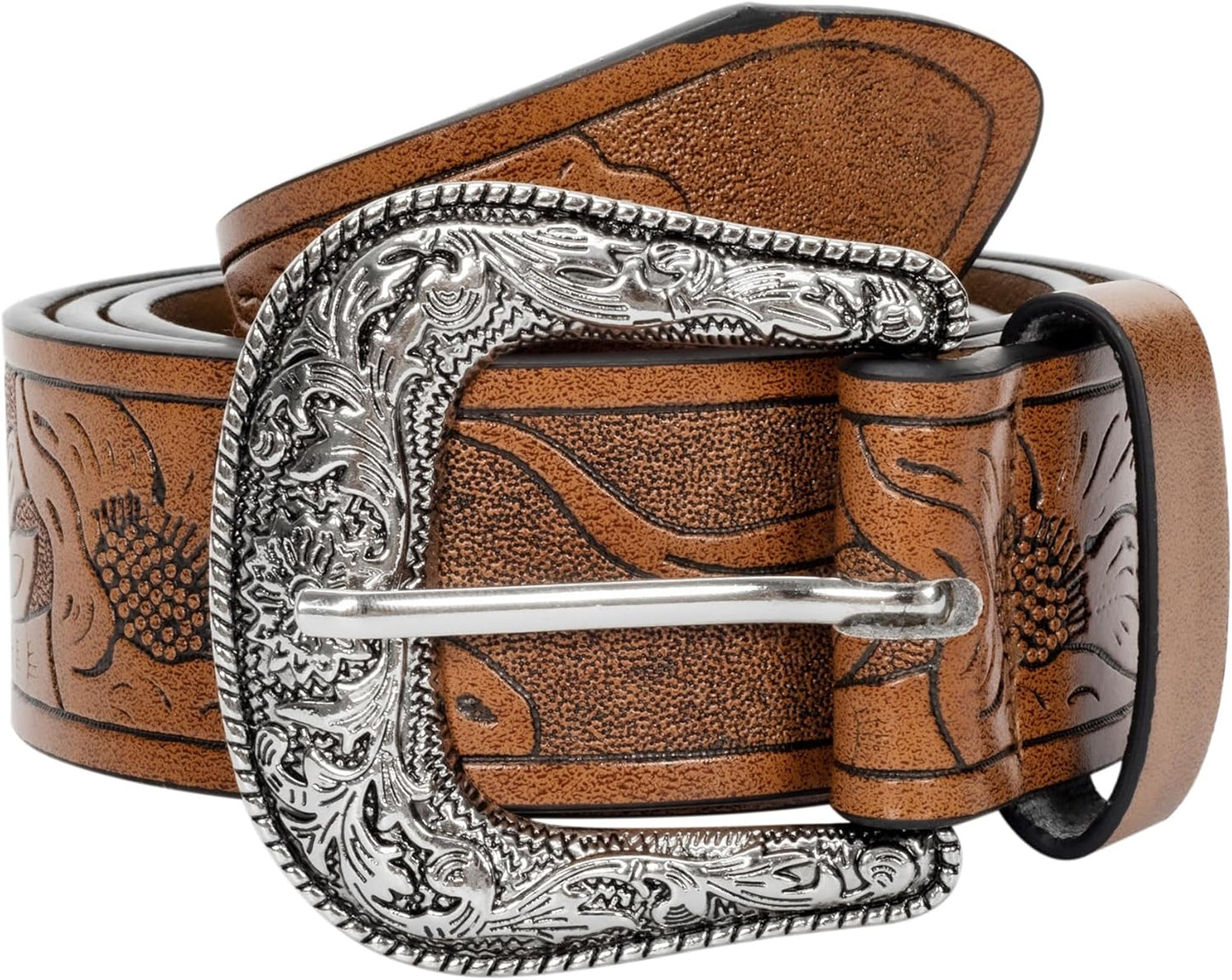 INOGIH Adjustable-Vintage-Western-Cowboy-Belt Women Men - Cowboy-Style Engraved-Buckle Belt for Jeans Pants Dresses