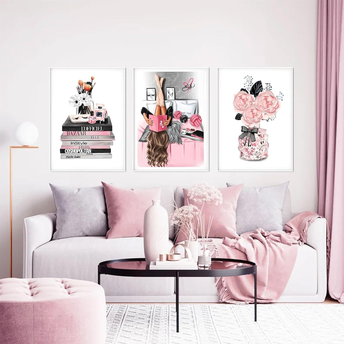 3Pcs Pink Trendy Girls Canvas Wall Art Pictures Fashion Girl Reading Book Posters Print Stylish Delicate Bathroom Bedroom Makeup Room Beauty Room Wall Decor 16x24in Unframed