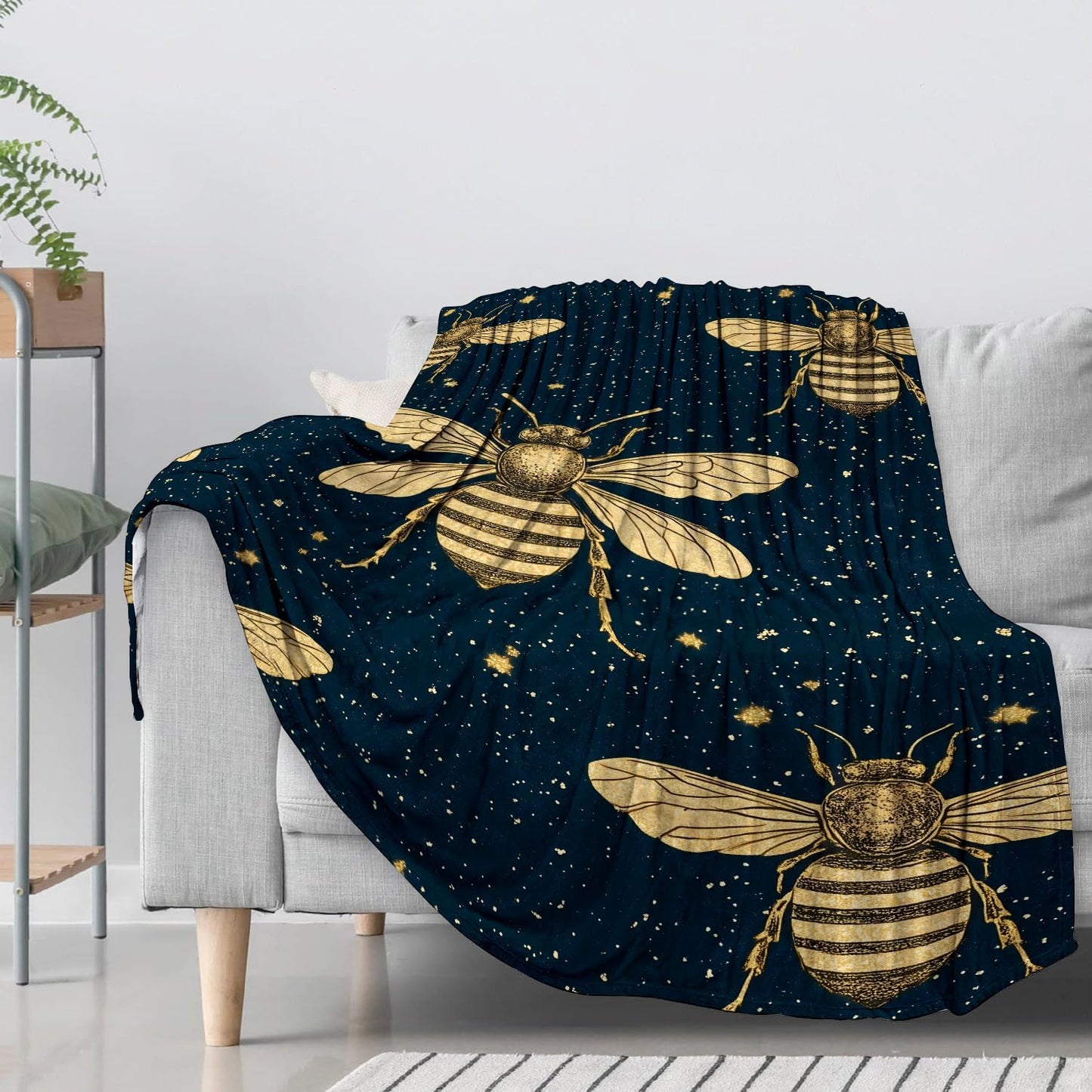 Bee Flannel Throw Blanket 50x60 Inch, Vintage Insect Bumblebee and Starry Sky Pattern on Navy Background Blankets Soft Cozy Fleece Throws for Nature Lover Bed Sofa Dorm Decor Gifts