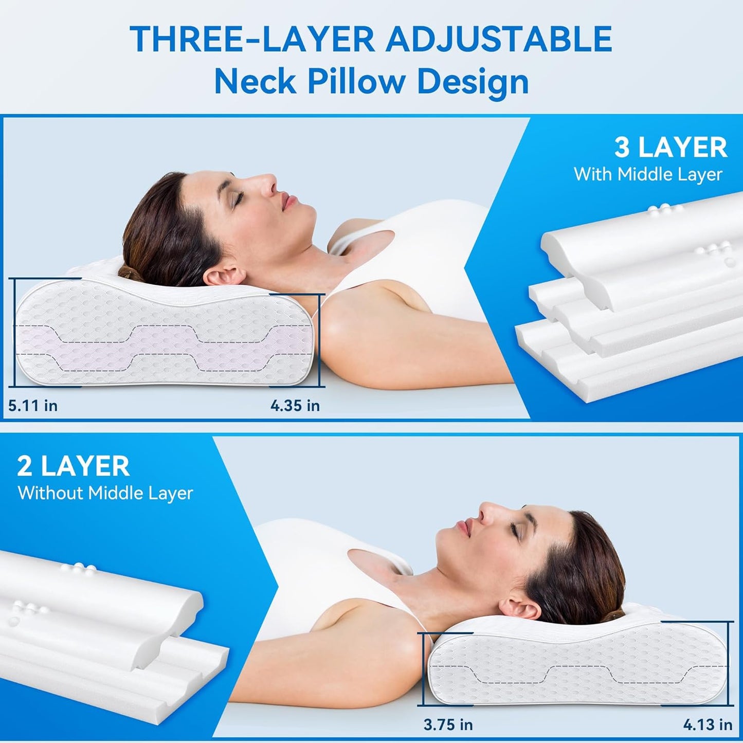 Cervical Neck Pillow for Pain Relief- Queen Size Adjustable Cooling Pillow for Sleeping, Memory Foam Pillows for Neck Shoulder, Ergonomic Contour Bed Pillow for Side, Stomach & Back Sleepers