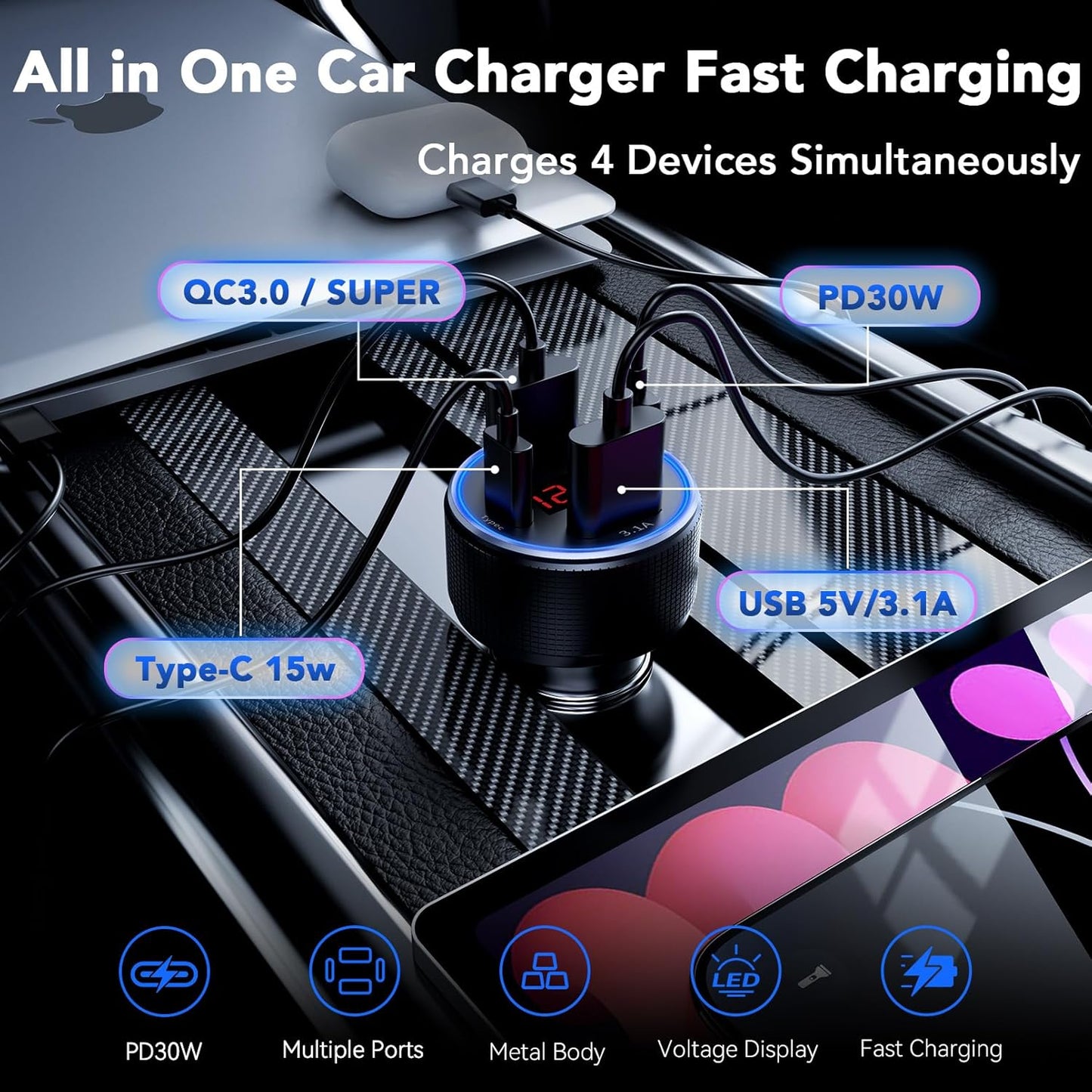 USB C Car Charger, 4 Port 78W USB Car Charger Adapter Fast Charging Multi Port Cigarette Lighter Adapter with Voltmeter Type C Phone Car Accessories for iPhone 17/16/15/14, Samsung Galaxy, iPad