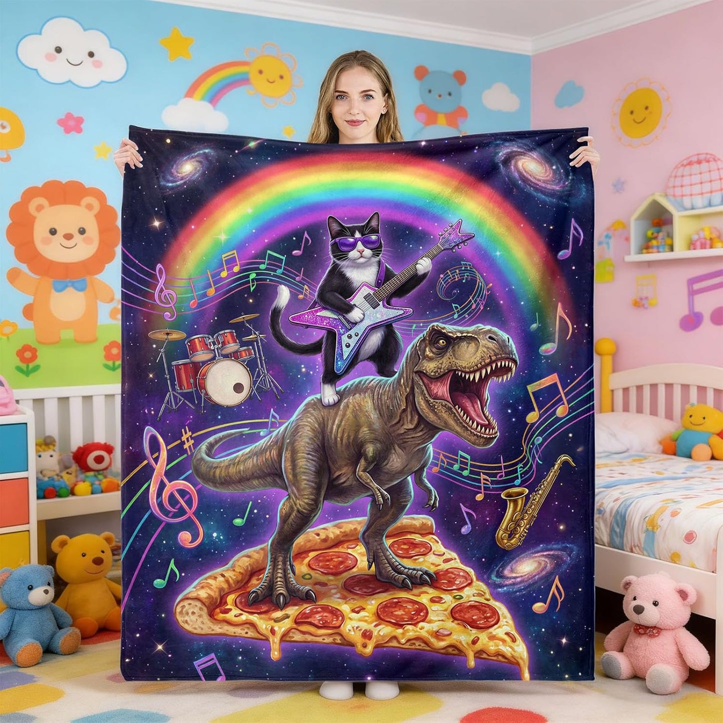 Funny Rock Cat Throw Blanket, Music Cat Pizza Dinosaur Musical Galaxy Soft Cozy Flannel Blanket for Music Lovers, 50×60 inch