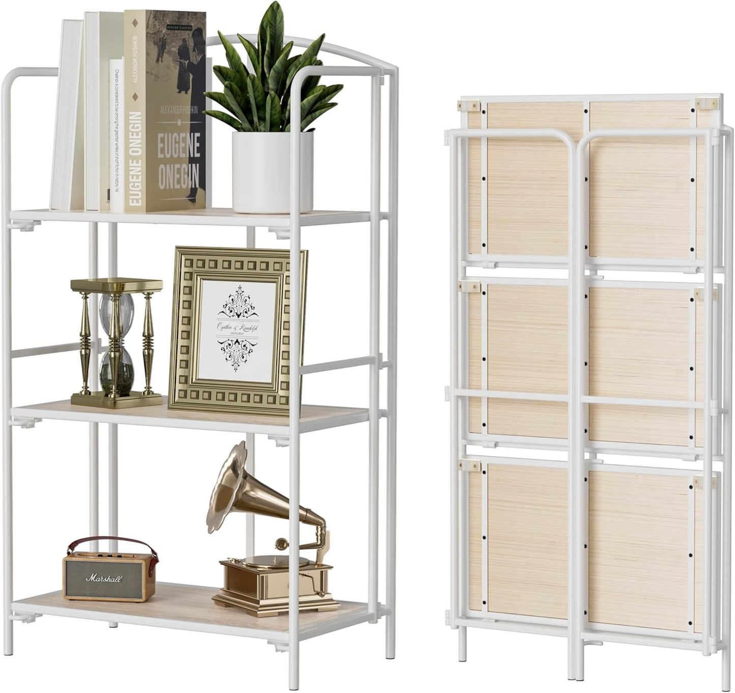 Crofy No Assembly Folding Bookshelf for Living Room, 3 Tier White Collapsible Book Shelf for Home Office, Portable Bookcase Storage Organizer