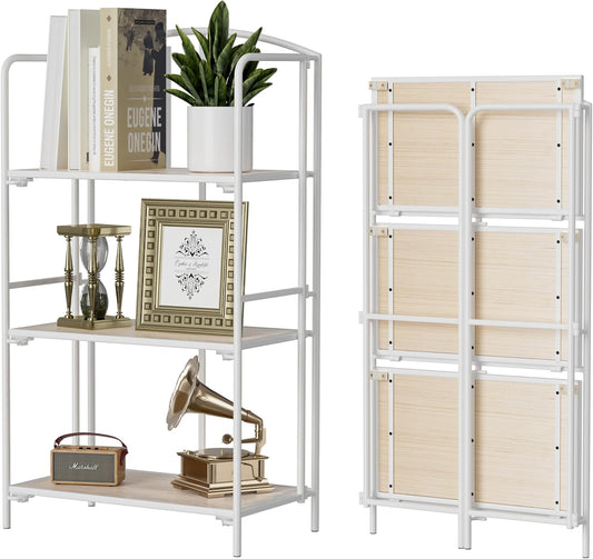 Crofy No Assembly Folding Bookshelf for Living Room, 3 Tier White Collapsible Book Shelf for Home Office, Portable Bookcase Storage Organizer