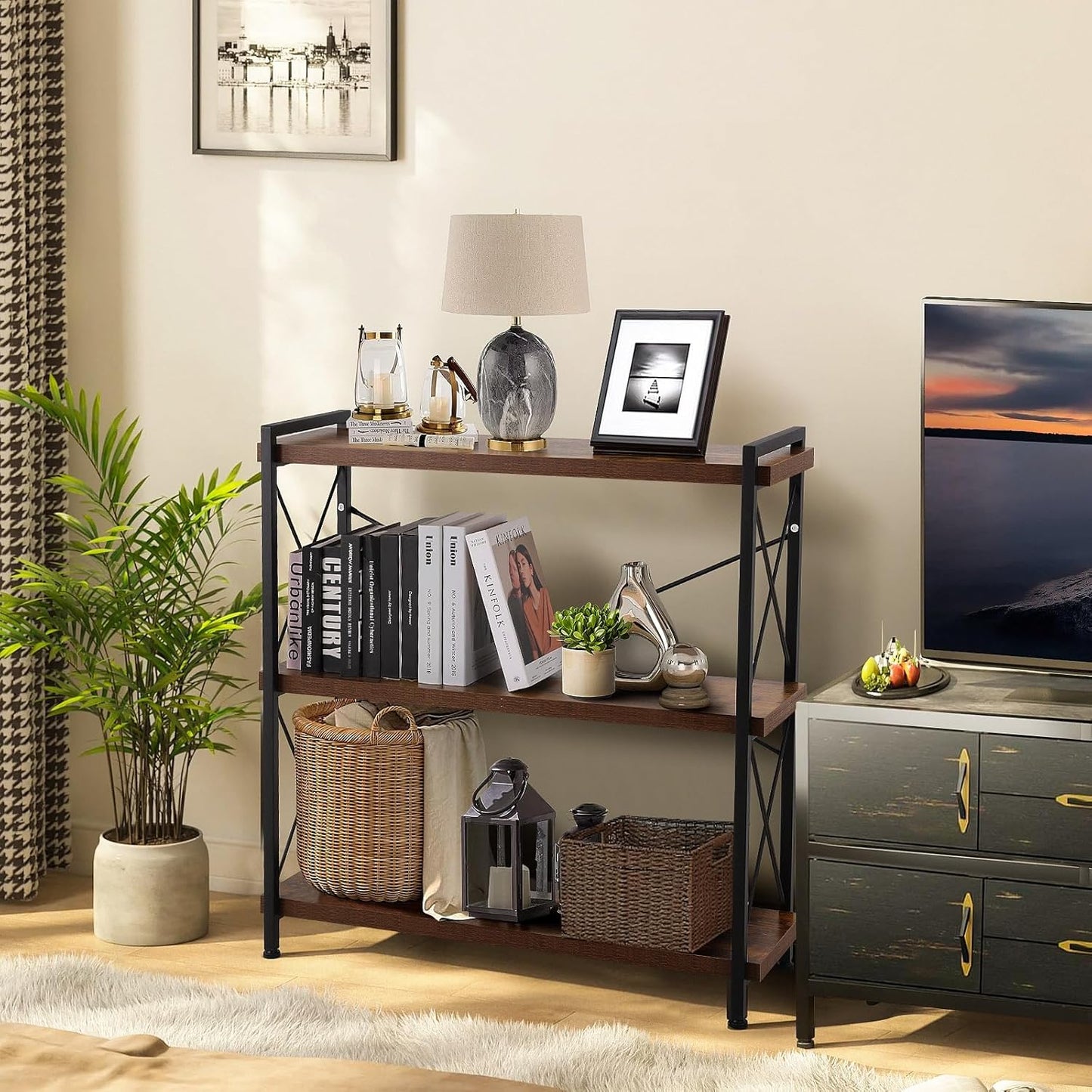 3 Tier Bookshelf 35.43" Width, Rustic Open 3 Shelf Short Bookcase with Metal Frame, Industrial Book Shelf for Home Office Bedroom Living Room (Rustic Brown)