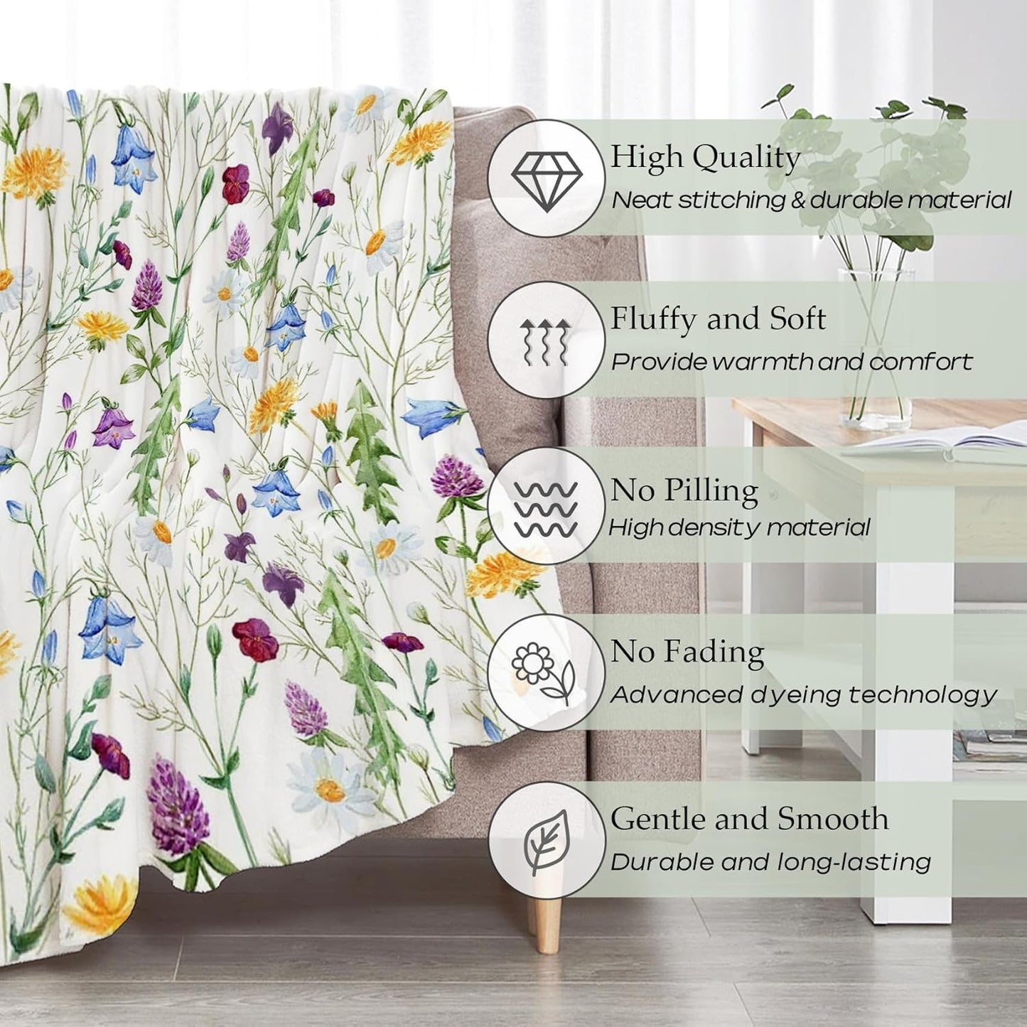 Boho Floral Throw Blanket Botanical Wildflower Butterfly Print Ultra Soft Cozy Flannel Blanket Rustic Home Decor for Couch Sofa Bed, 50x60 Inch