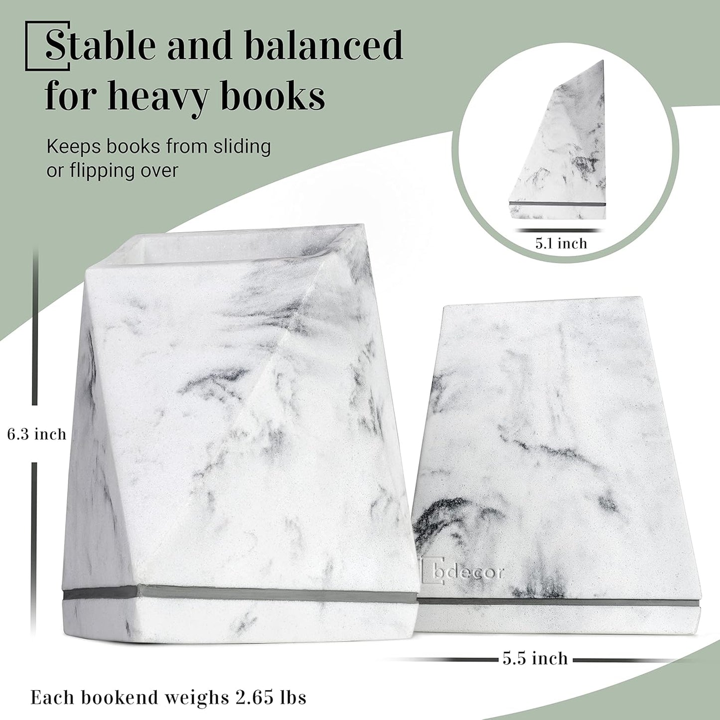 Marble Style Bookends - Decorative, Heavy Duty Book Holder for Shelves, Non Skid, Unique Design (White)