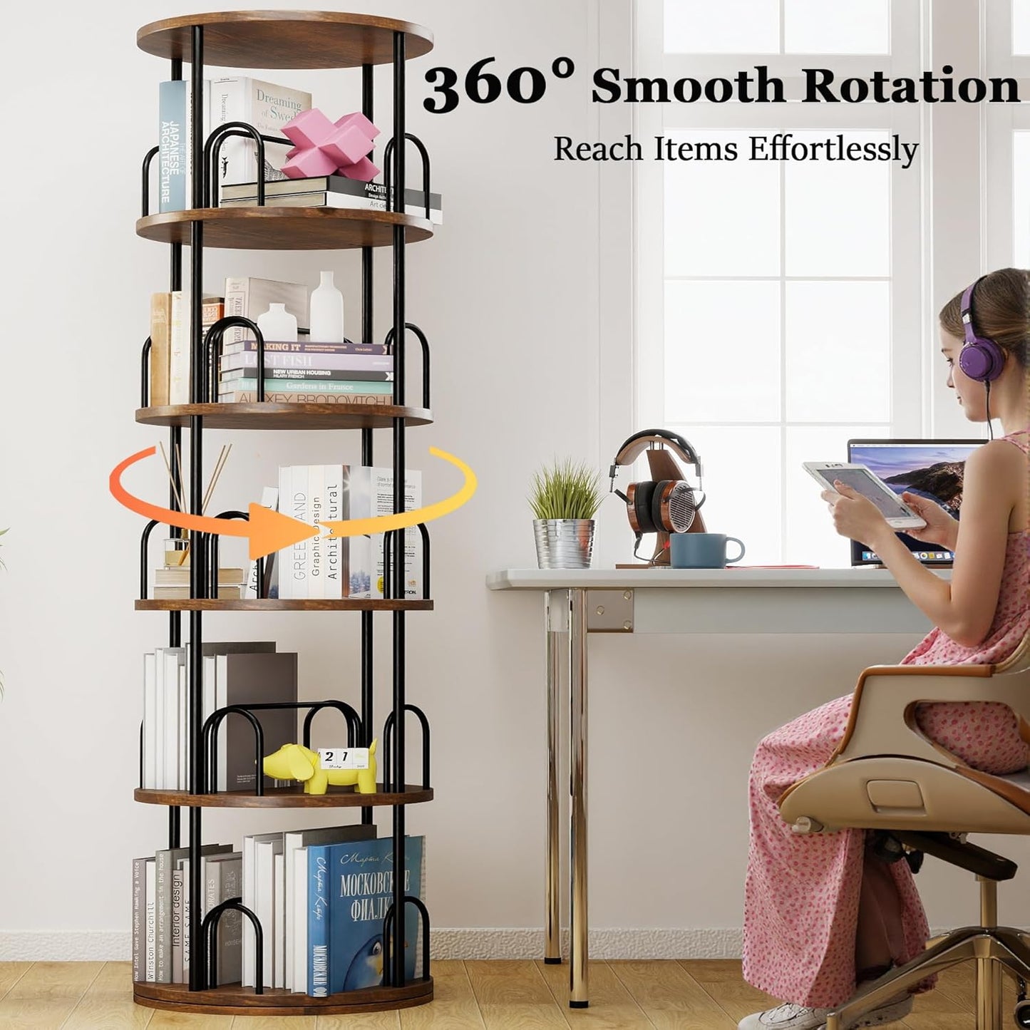 5-Tier Rotating Bookshelf, 360° Round Spinning Book Shelf Tower, Tall Skinny Wood & Metal Bookshelf for Corner/Office/Home, Modern Industrial Vintage Style