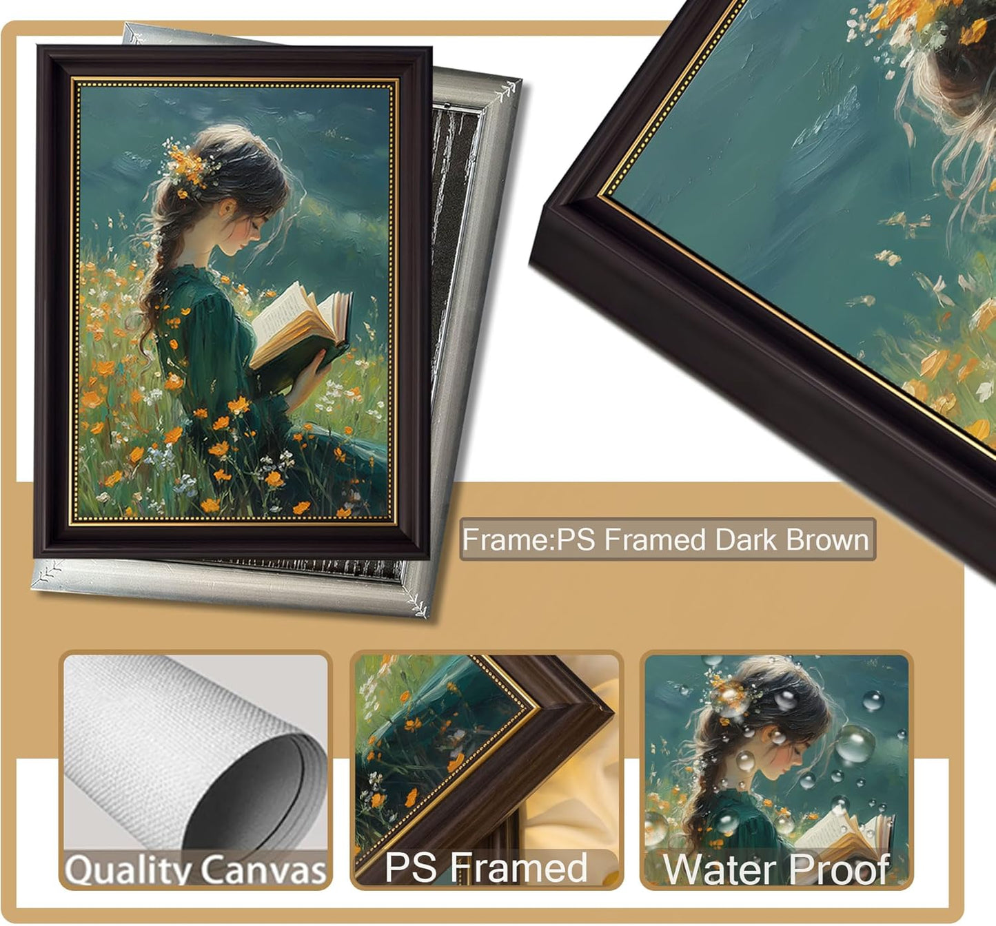 Vintage Dark Brown Framed Girl Books Canvas Wall Art Inspirational Kids Educational Wall Decor Picture Girl Reading On The Grass Poster Print for Children'S Room Living Room Bedroom Home Decoration
