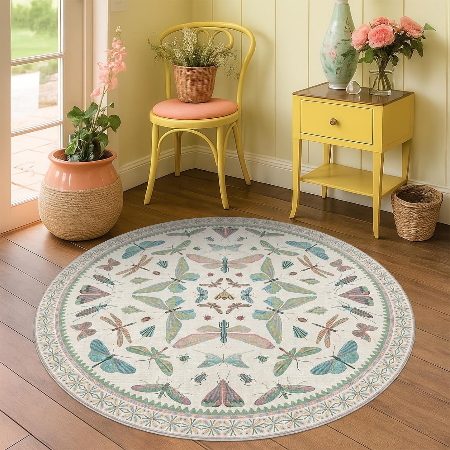 Cream Round Rugs 4ft for Living Room - Soft Washable Small Circle Throw Rugs for Kids Bedroom, Baby Nursery, Playroom, Reading Corner, Insect Stain Resistant Floor Carpet, Beige Green
