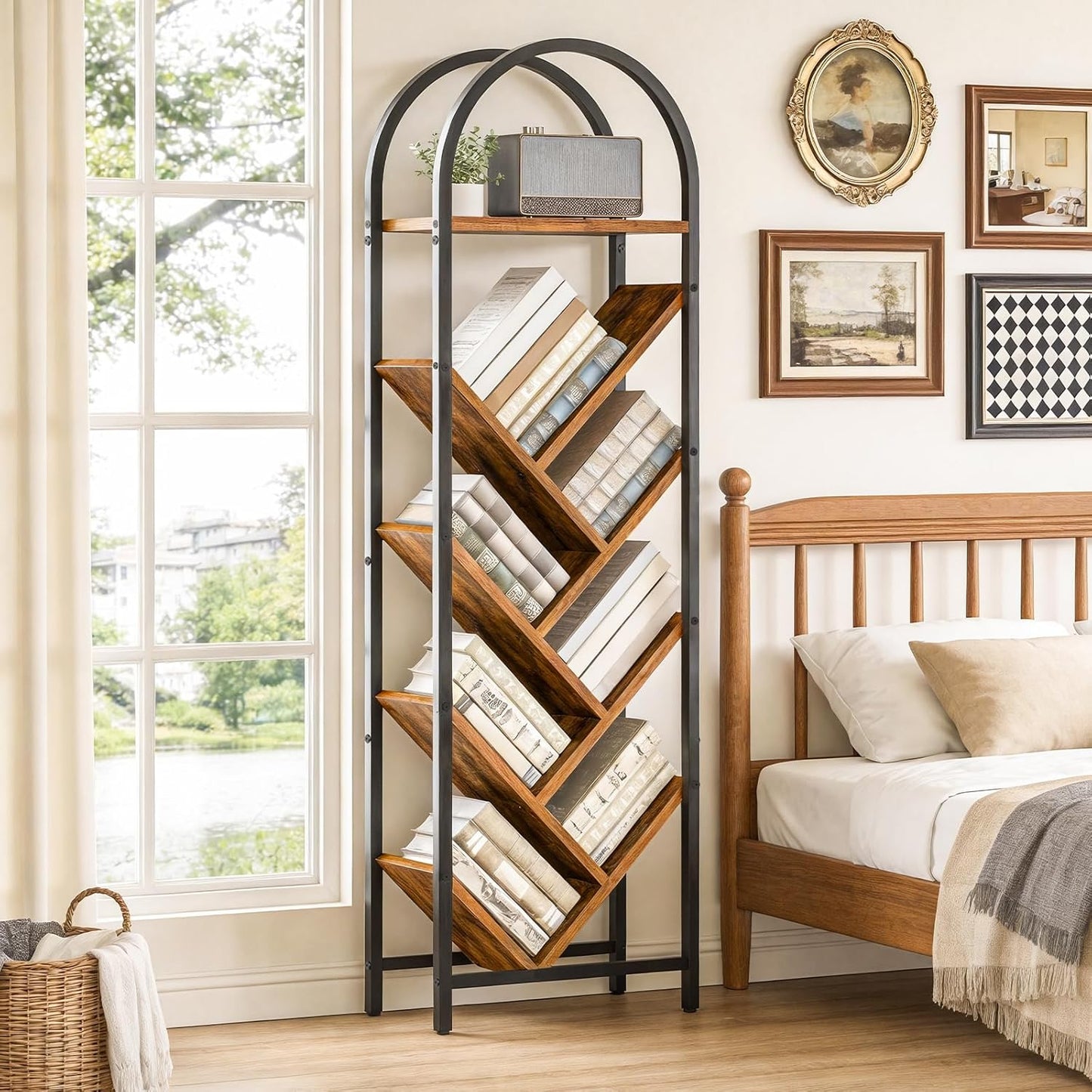 HOOBRO Tree Bookshelf, 8-Tier Floor Standing Bookshelf, Storage Organizer Bookcase for Books/CDs, Wooden Arched Tall Bookshelf for Living Room, Bedroom, Study, Rustic Brown and Black BF07SJ01