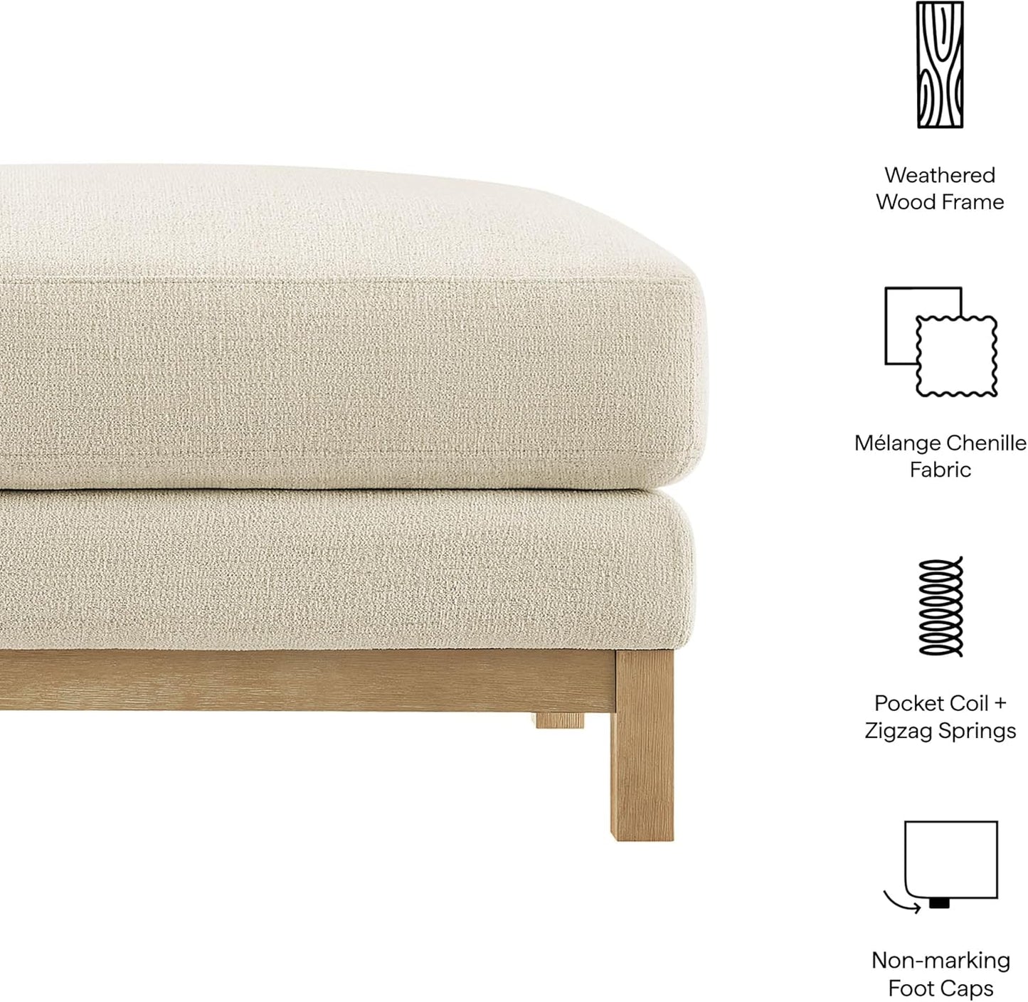 Modway Roscoe Fabric Ottoman in Ivory - Upholstered Rectangular Footstool for Living Room, Bedroom, or Lounge Seating