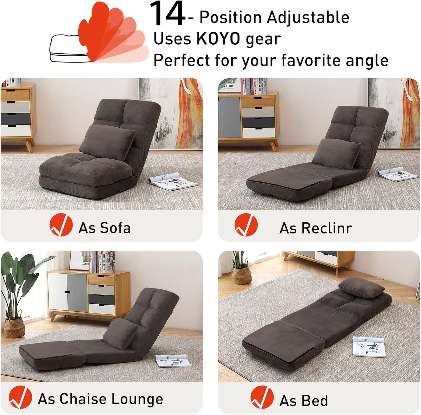 Indoor Floor Chaise Lounge Sofa Chair for Adults, 14-Angle Adjustable Recliner with Back Support & Pillow, Foldable Floor Lounger, Comfort for Living Room, Reading, Relax -Brown