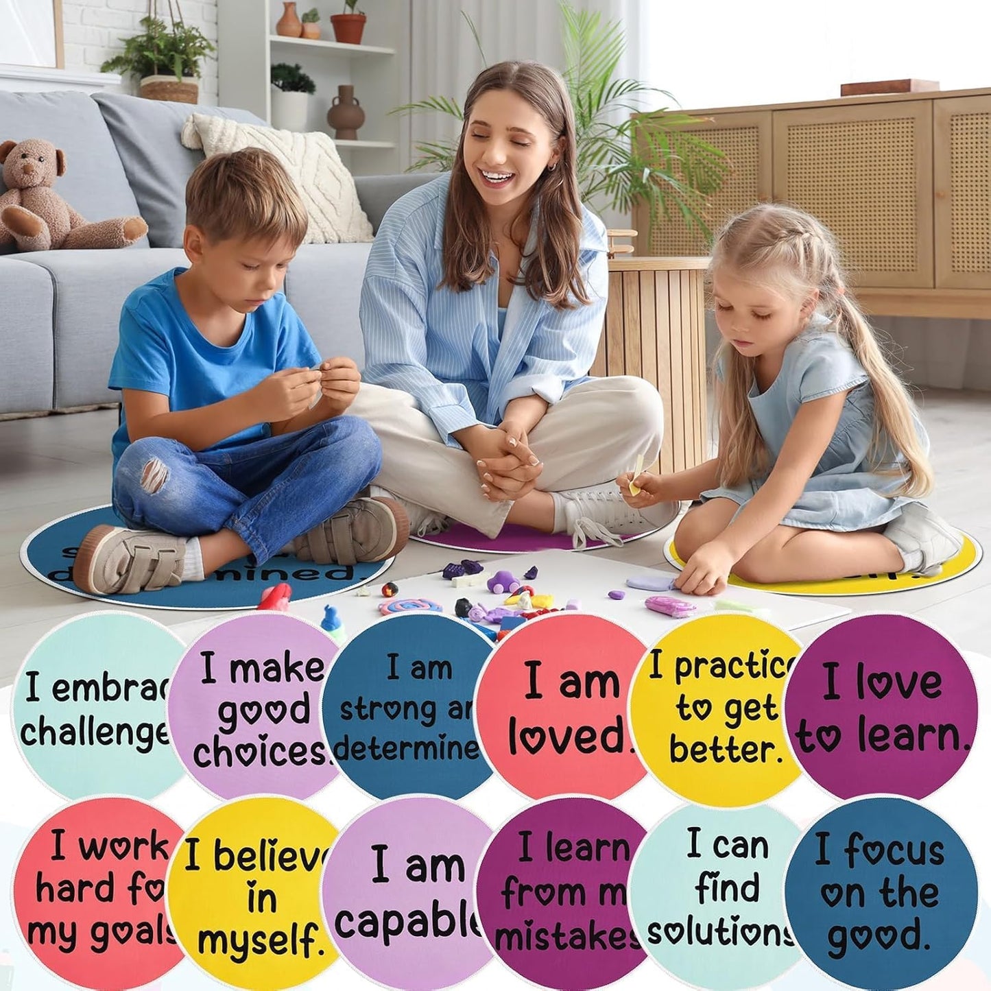 OBUSATT 12Pcs Carpet Circle Seats 15 Inch Positive Affirmations Round Classroom Rug Non Slip Floor Cushions Mat for Back to School Nursery Learning Calming Corner Playing Areas Decor(Positive Mindset)
