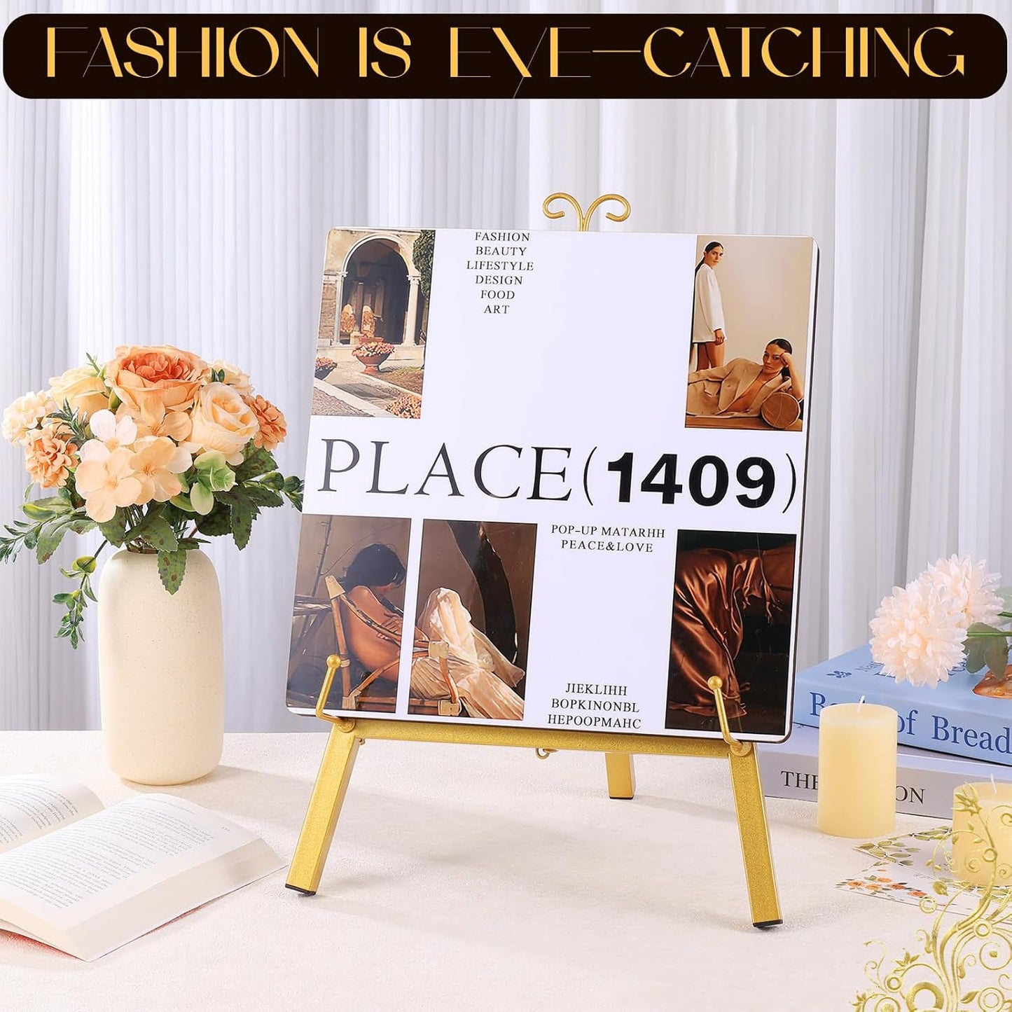 17'' Gold Tabletop Easel Stand for Sign, Metal Display Stand with Chain Support, Vintage Decor Art Easel for Display, Tabletop Picture Frame Stands for Home Wedding Photos Painting Artwork