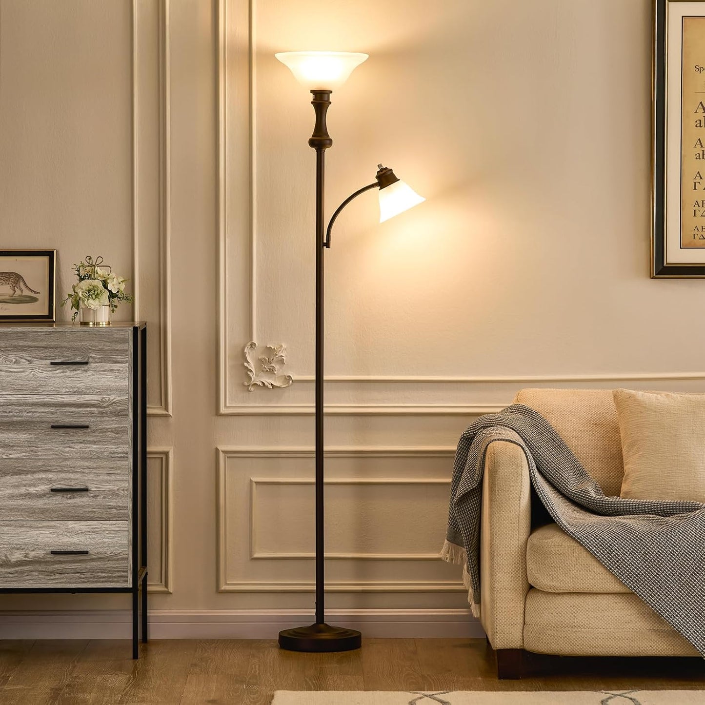 71'' Floor Lamps for Living Room, Tall Floor Lamp for Bedroom with Adjustable Angle Arc Reading lamp, Modern Torchiere Standing lamp with Glass Shade, Knob Switch, Bulb Included, Red Brown