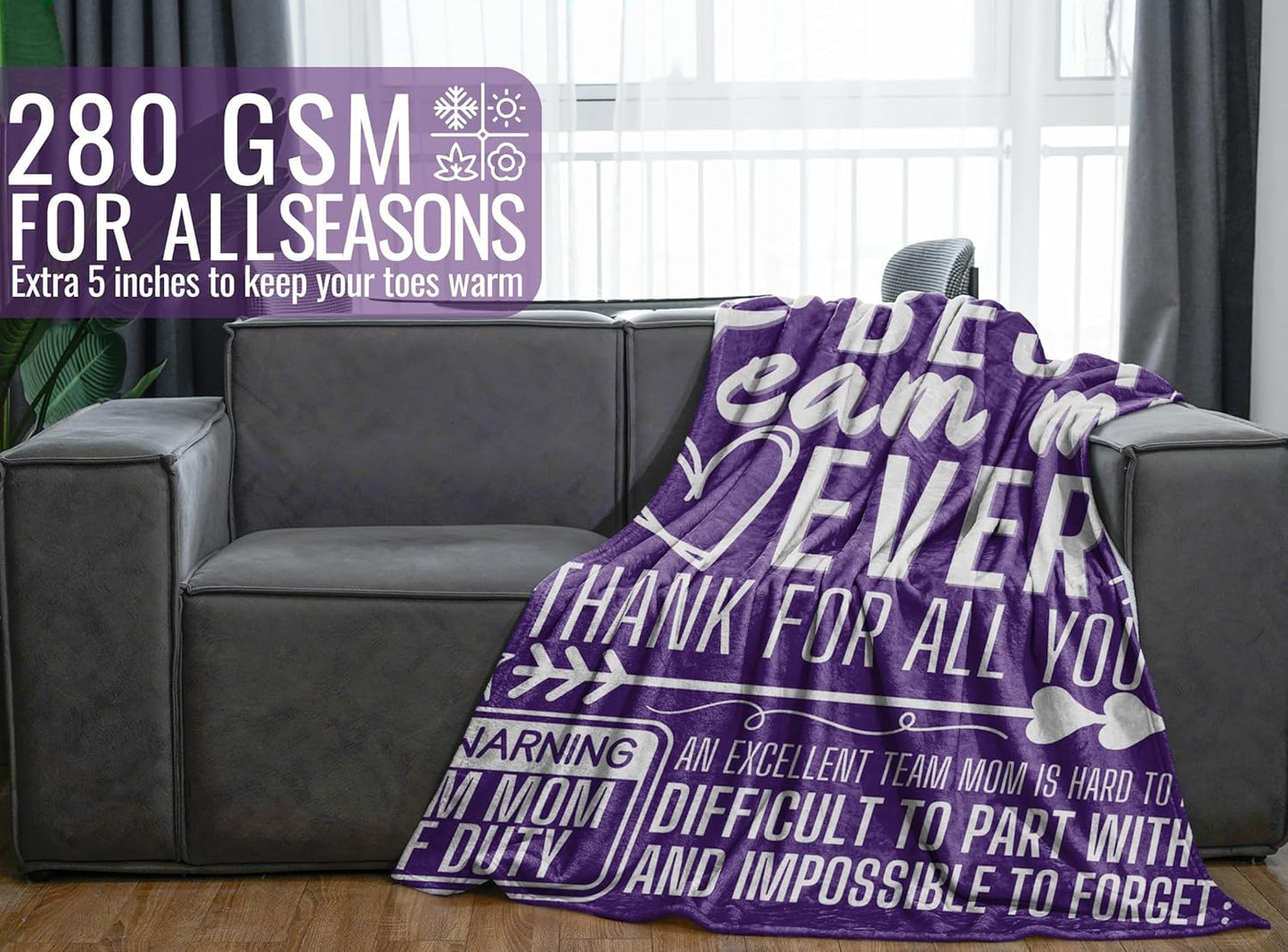 Team Mom Gifts for Women, Flannel Blanket Throw, 65 x 50 inches, Baseball and Soccer Mom Gifts, Purple
