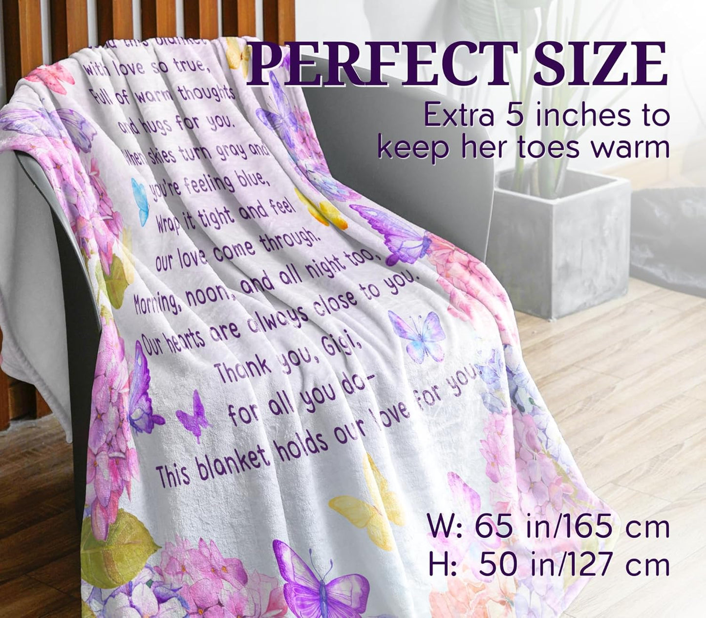 Grandma Gifts from Grandkids, Butterfly Flannel Throw Blanket for Grandma on Birthday, Mothers' Day, Grandparents' Day, Christmas, 50" x 65"