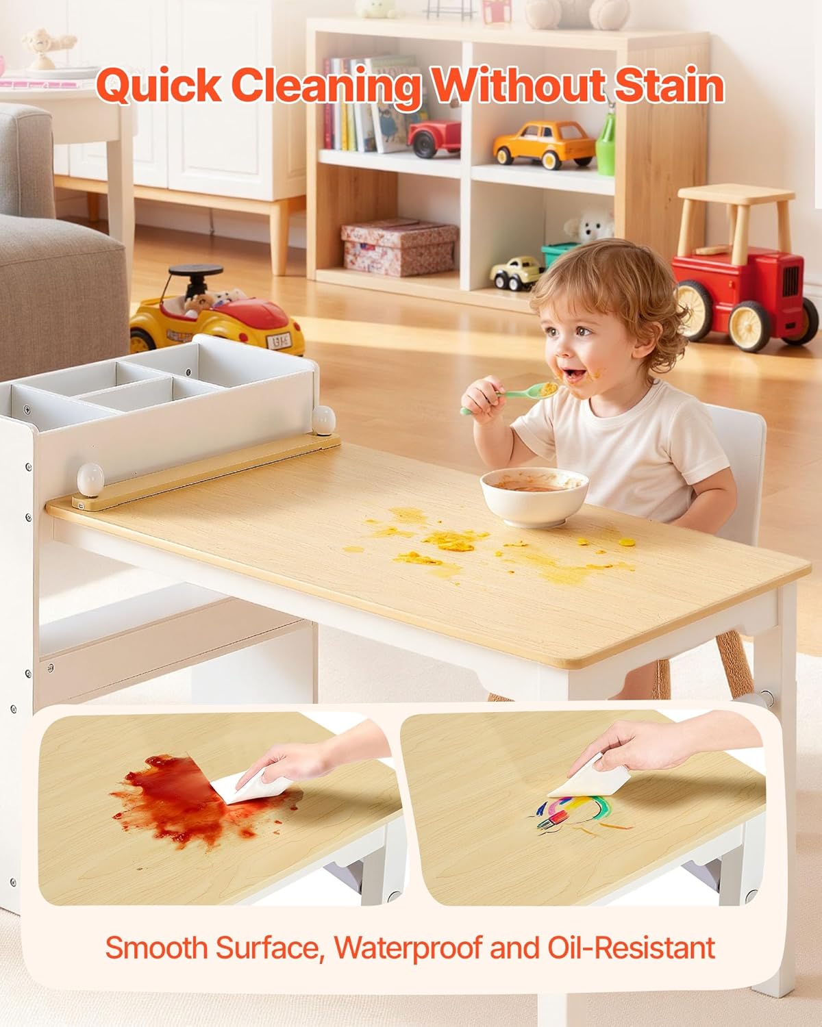 VEVOR Kids Art Table and Chair Set, Toddler Craft Table with 3 Tiers Storage Cabinet, Wooden Kids Activity Play Desk with 2 Chairs, Art Craft Play Desk for Reading, Learning, Drawing, Writing, White