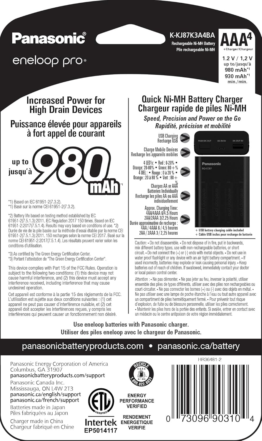 Panasonic K-KJ87K3A4BA Individual Battery Charger with Portable Charging Technology and 4AAA Eneloop Pro Rechargeable Batteries, Black