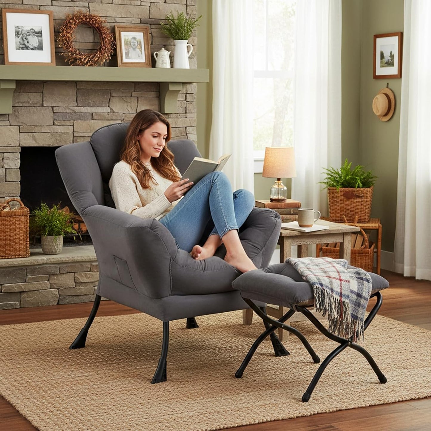 Lazy Chair with Ottoman, Comfy Fabric Accent Lounge Arm Chair with Lumbar Pillow and Folding Footrest, Reading Leisure Sofa Armchair for Bedroom, Living Room, Dorm,Dark Grey