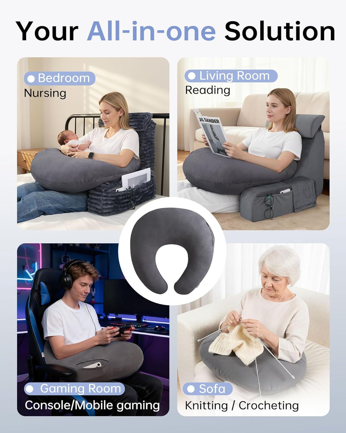 ENITYA Extra Large Ergonomic Gaming & Reading Pillow with Arm & Elbow Support – U-Shaped Lap Pillow for Adults & Kids Crocheting, Knitting, Nursing, or Working in Bed, Washable Suede Cover (Grey)