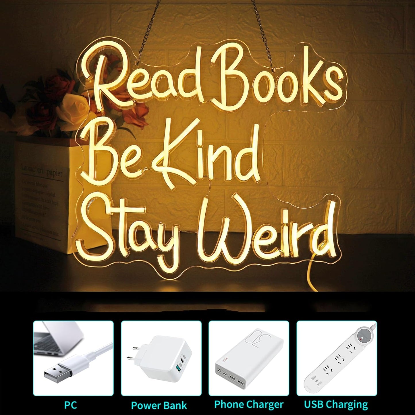 Neon Sign, HSJNJKFU Read Books Neon Signs for Wall Decor Warm White Led Light up Signs for Classroom, Bookstore, Library, Office, Room Decor - Dimmer Light Sign USB Powered