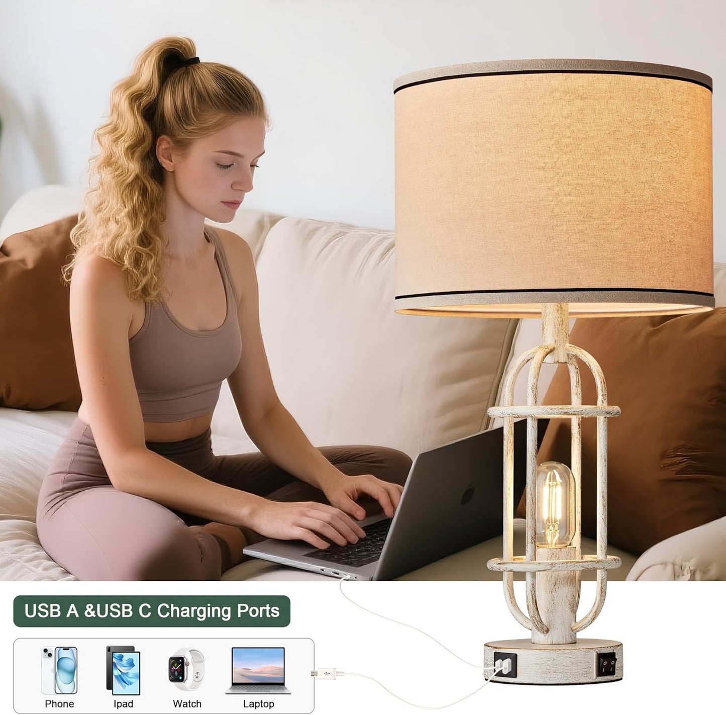 22.3" Farmhouse Table Lamps Set of 2, Vintage Lamps for Living Room End Tables, Bedroom Lamp for NightStand with USB C+A Ports, Antique White