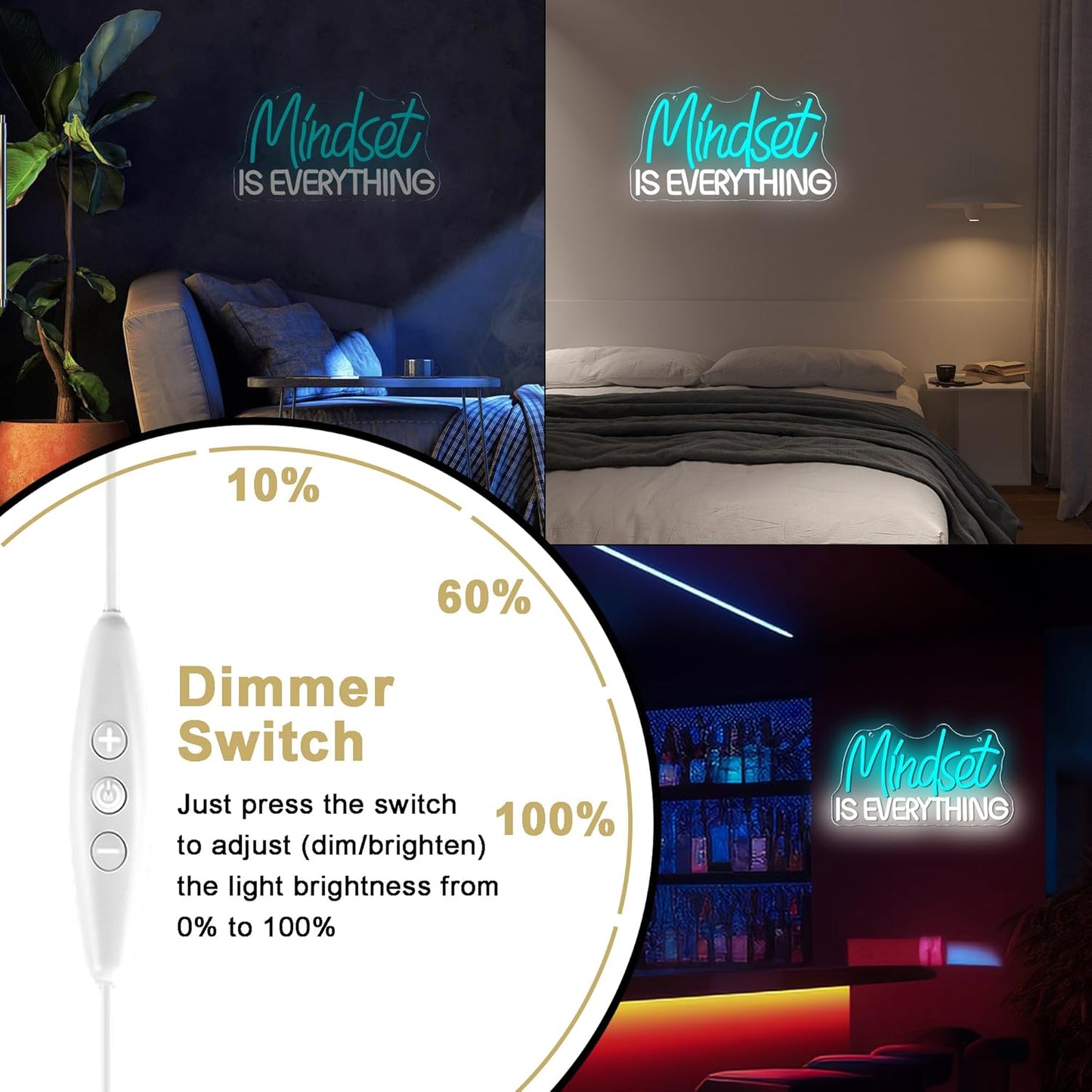 Mutank Mindset Is Everything Neon Sign Wall Decor, Motivational Neon Light USB Powered LED Dimmable, for Classroom Decor Office Gym Library Bedroom Bar Sign(14.1 * 7.8 In)