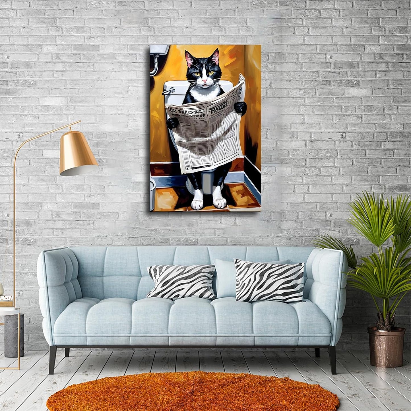 Cat Reading Newspaper in Toilet Poster Wall Decor Wall Art Printing Picture Canvas Living Room Decor Painting Framed and Unframed. (16x24inch-No Framed)