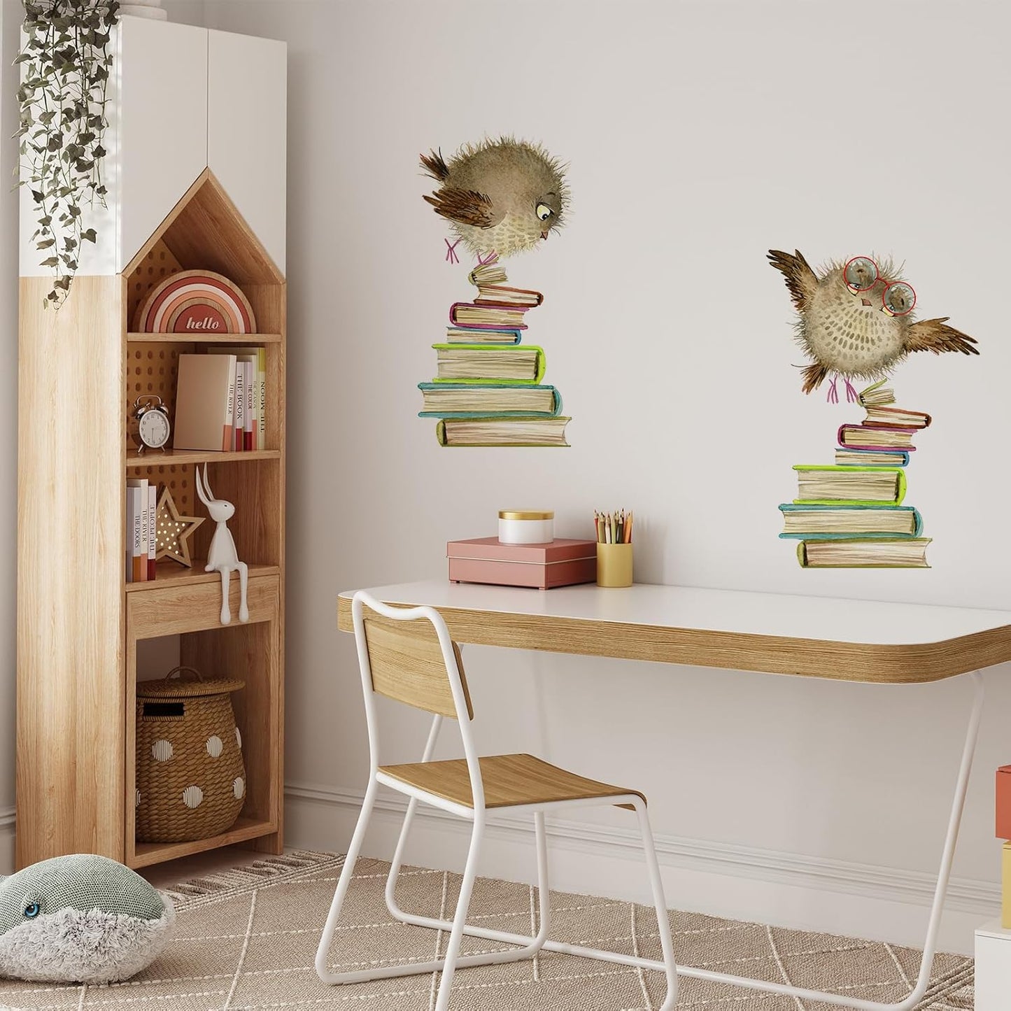 Owls & Books Wall Decals,Cute Animal Wall Stickers, Educational Peel and Stick Wallpaper for Kids Room,Reading Nook,Library Classroom Decor (E)