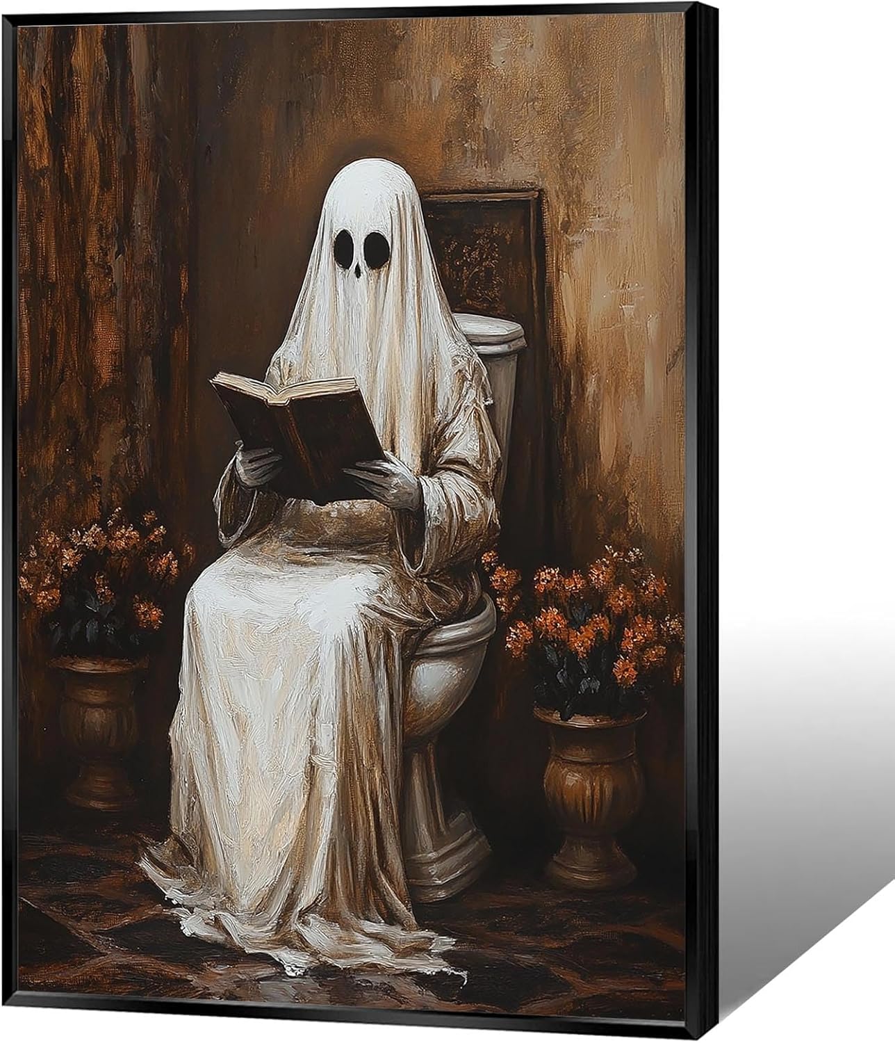 Vintage Ghost On Toilet Reading Books Gothic Aesthetic Wall Art Horror Halloween Poster Ghost In Bathroom Canvas Prints Spooky Dark Academia Pictures For Bedroom Bathroom Decor 12x16in Unframed